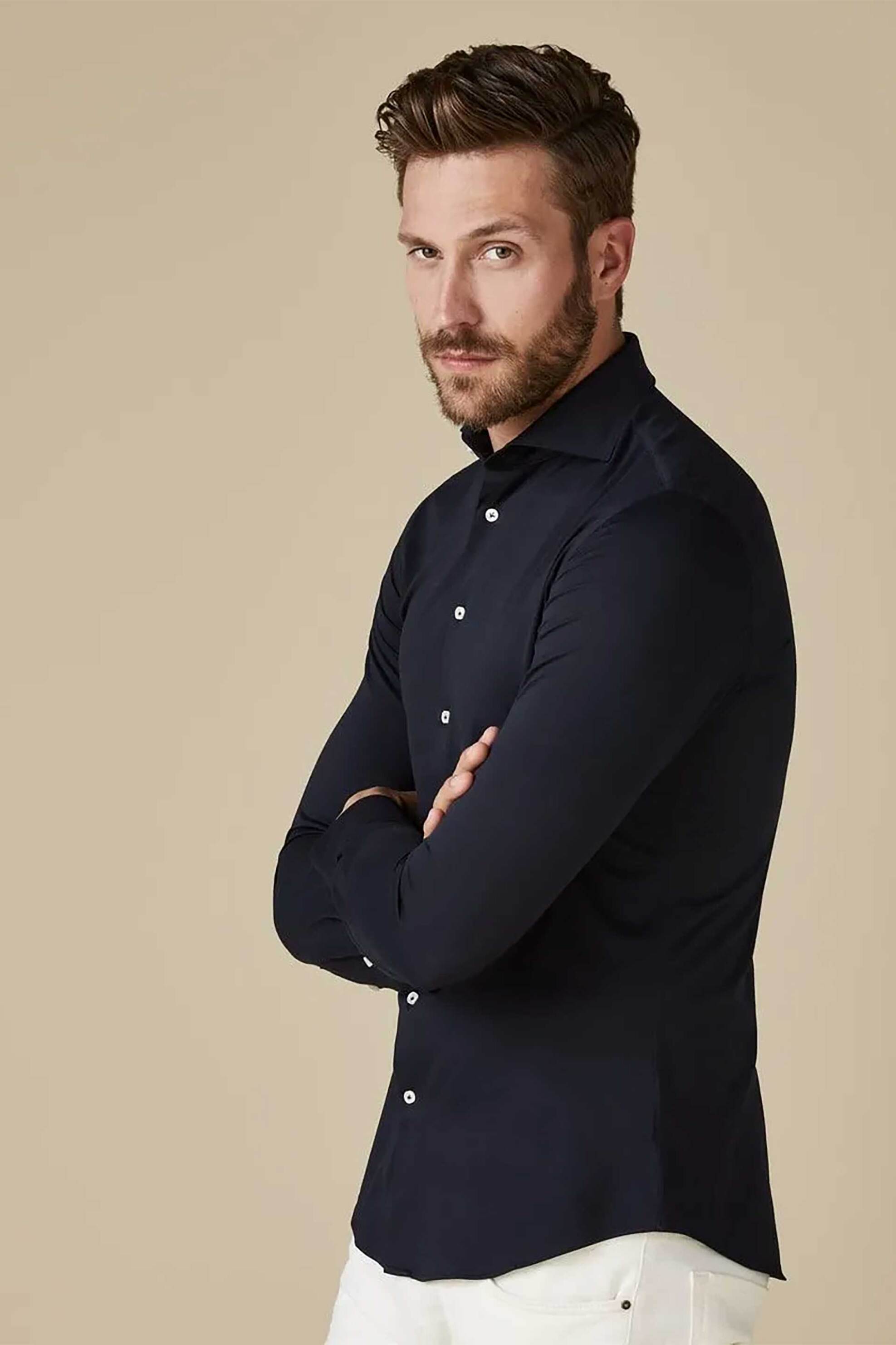 Profuomo ανδρικό πουκάμισο μονόχρωμο "Japanese Knitted" Slim Fit - PP2HC10010 Σκούρο Μπλε