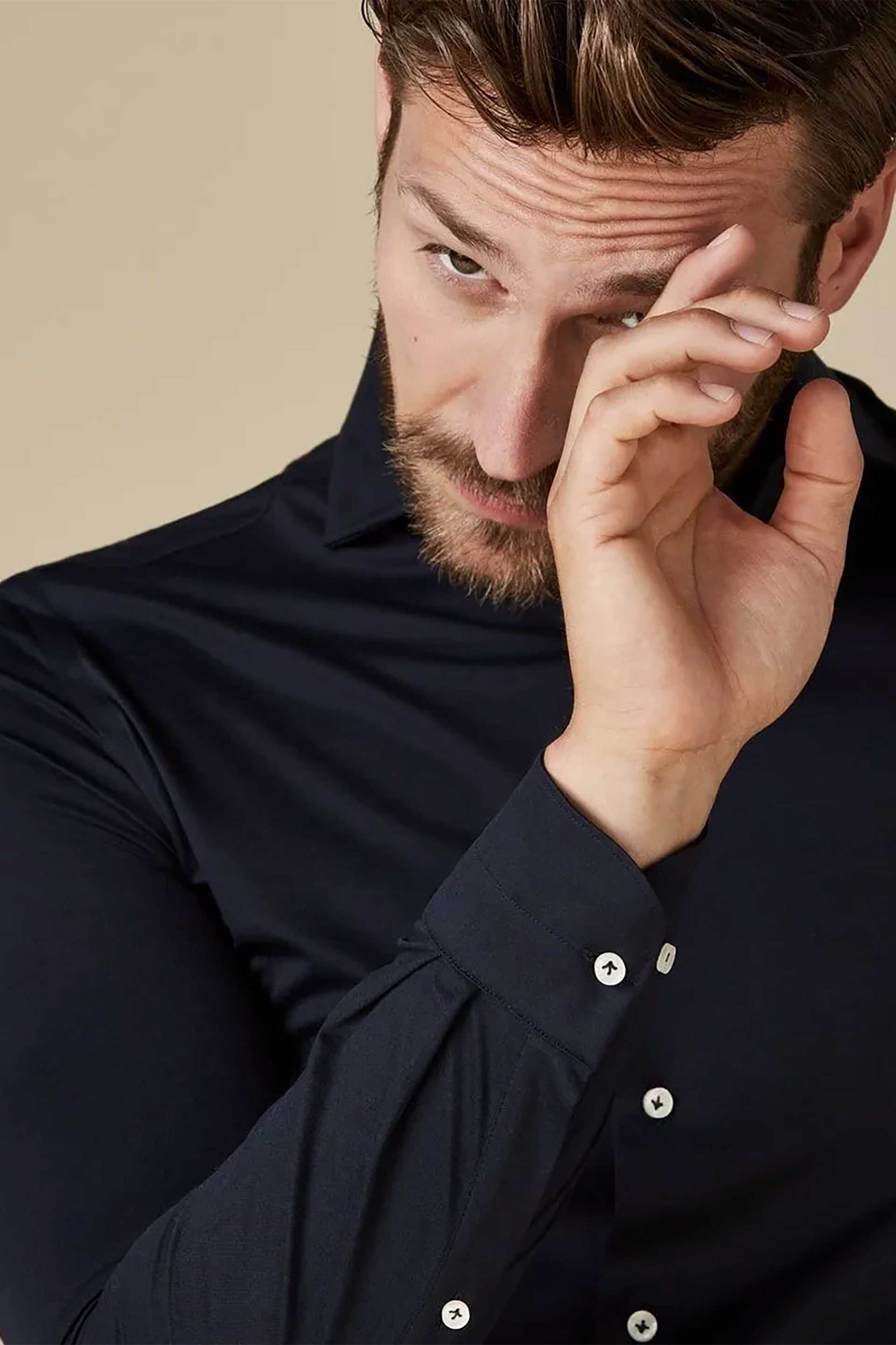 Profuomo ανδρικό πουκάμισο μονόχρωμο "Japanese Knitted" Slim Fit - PP2HC10010 Σκούρο Μπλε φωτογραφία