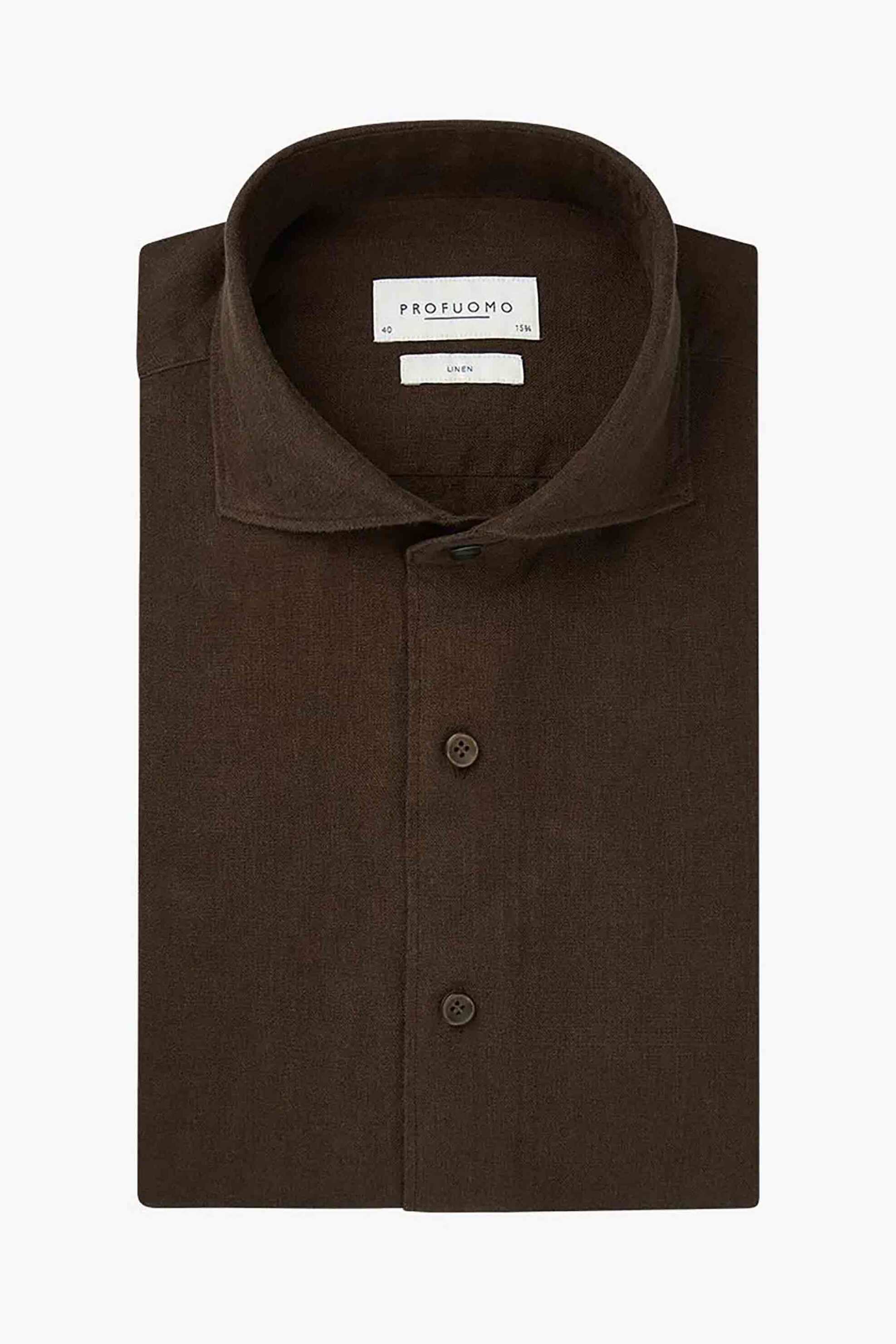 Profuomo ανδρικό λινό πουκάμισο μονόχρωμο Slim Fit - PPWH10020H Καφέ