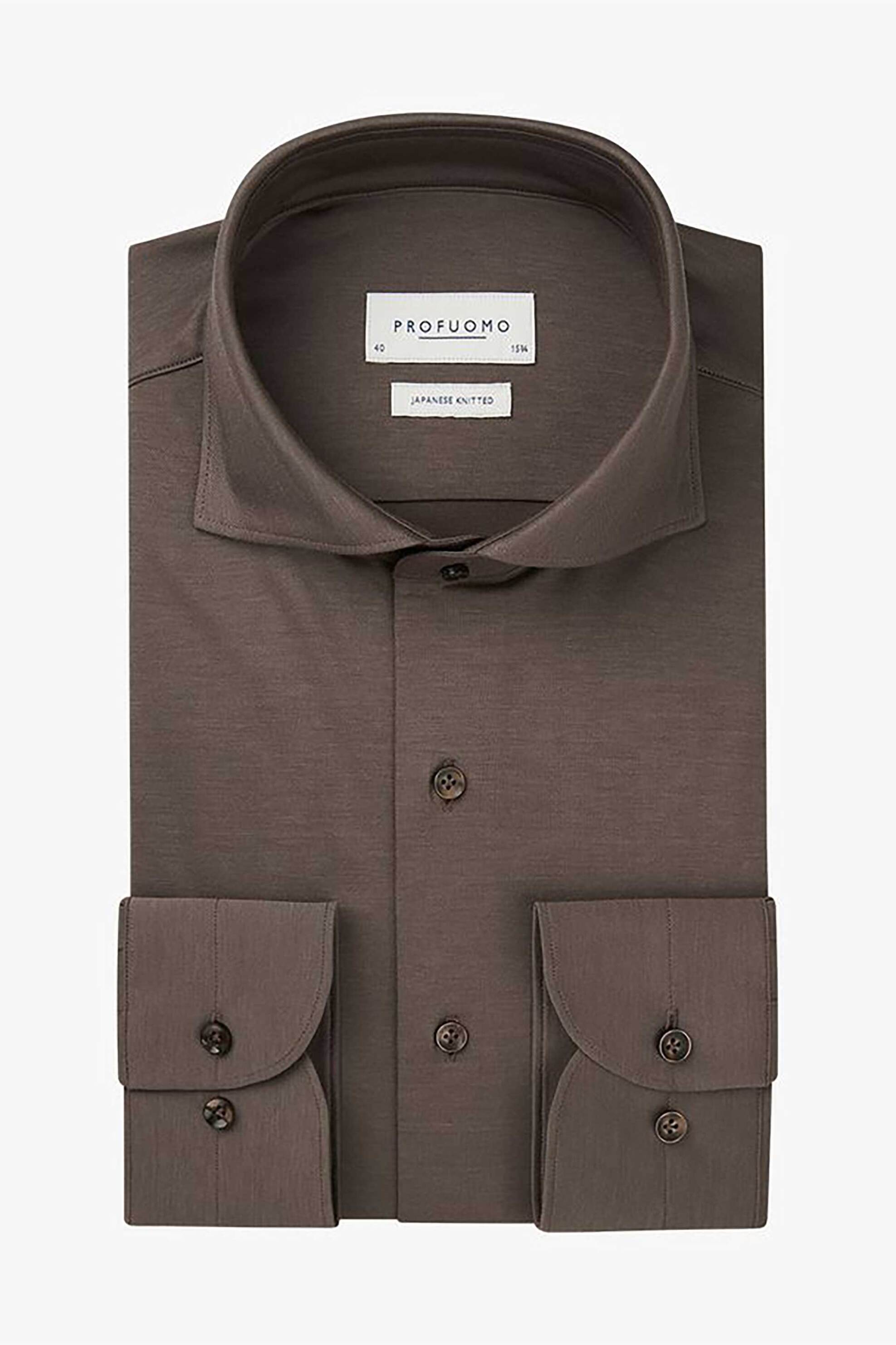 PROFUOMO Profuomo ανδρικό πουκάμισο μονόχρωμο "Japanese Knitted" Slim Fit - PPWH10002H Καφέ