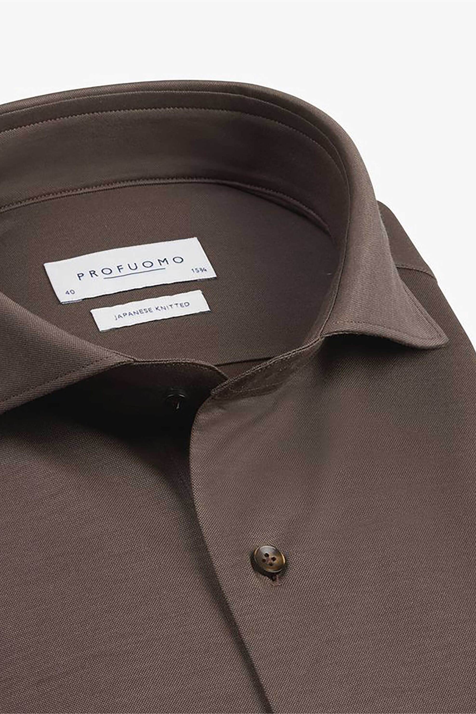 Profuomo ανδρικό πουκάμισο μονόχρωμο "Japanese Knitted" Slim Fit - PPWH10002H Καφέ φωτογραφία