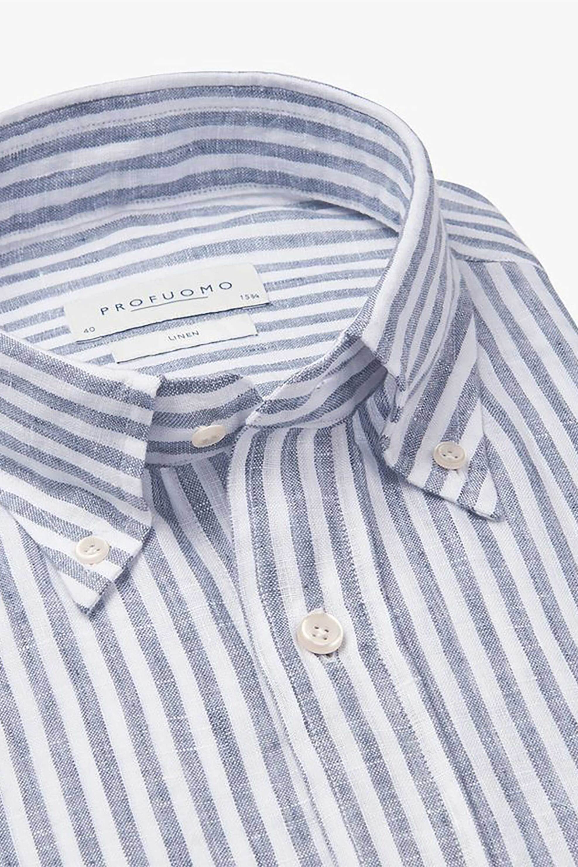 Profuomo ανδρικό λινό πουκάμισο button down με ριγέ σχέδιο Slim Fit - PPWH10022B Σκούρο Μπλε φωτογραφία