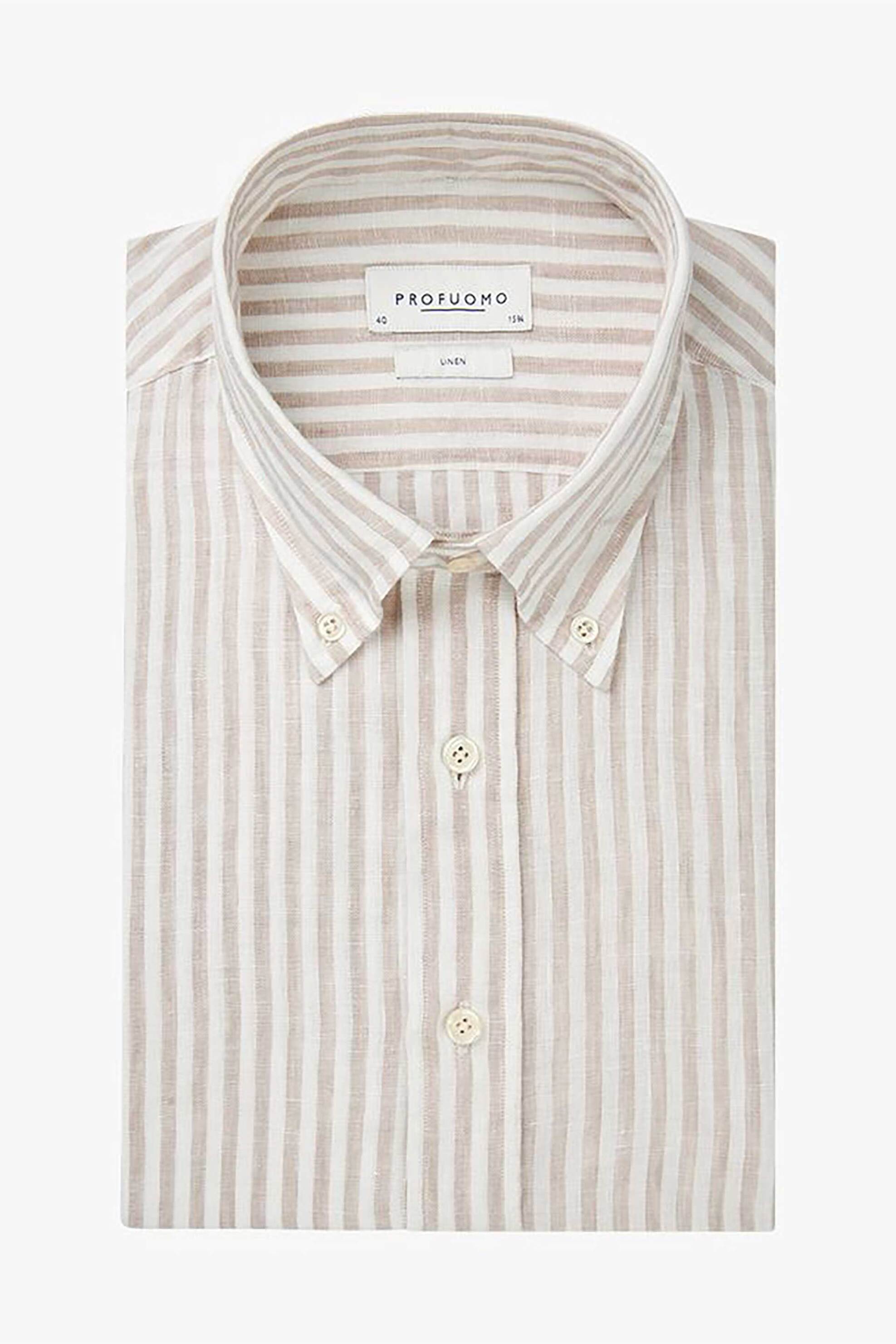 Profuomo Ανδρικό Λινό Πουκάμισο Button Down με Ριγέ Σχέδιο Slim Fit - Ppwh10022C Μπεζ