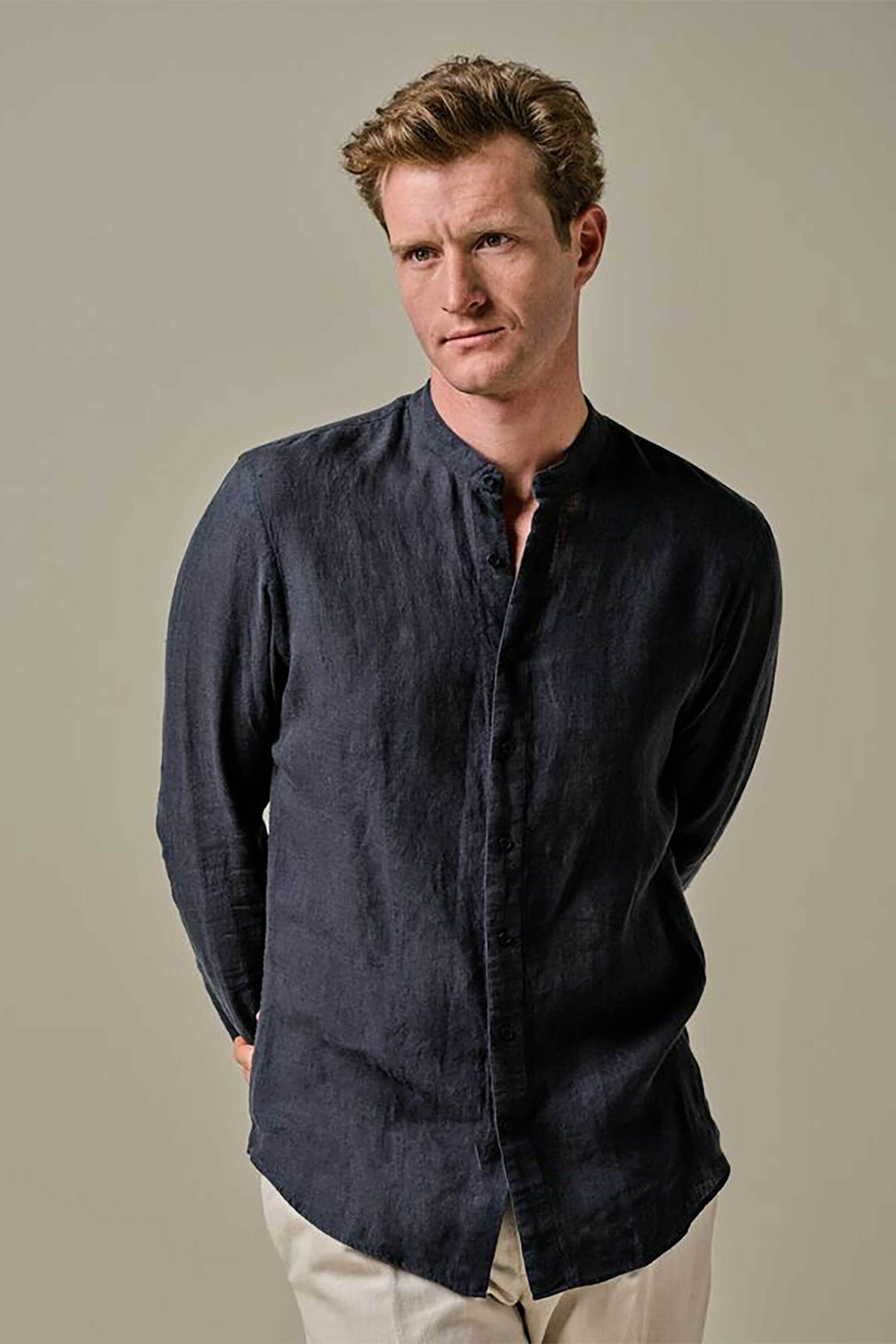 PROFUOMO Profuomo ανδρικό λινό πουκάμισο μάο μονόχρωμο Slim Fit - PPWH10025B Σκούρο Μπλε