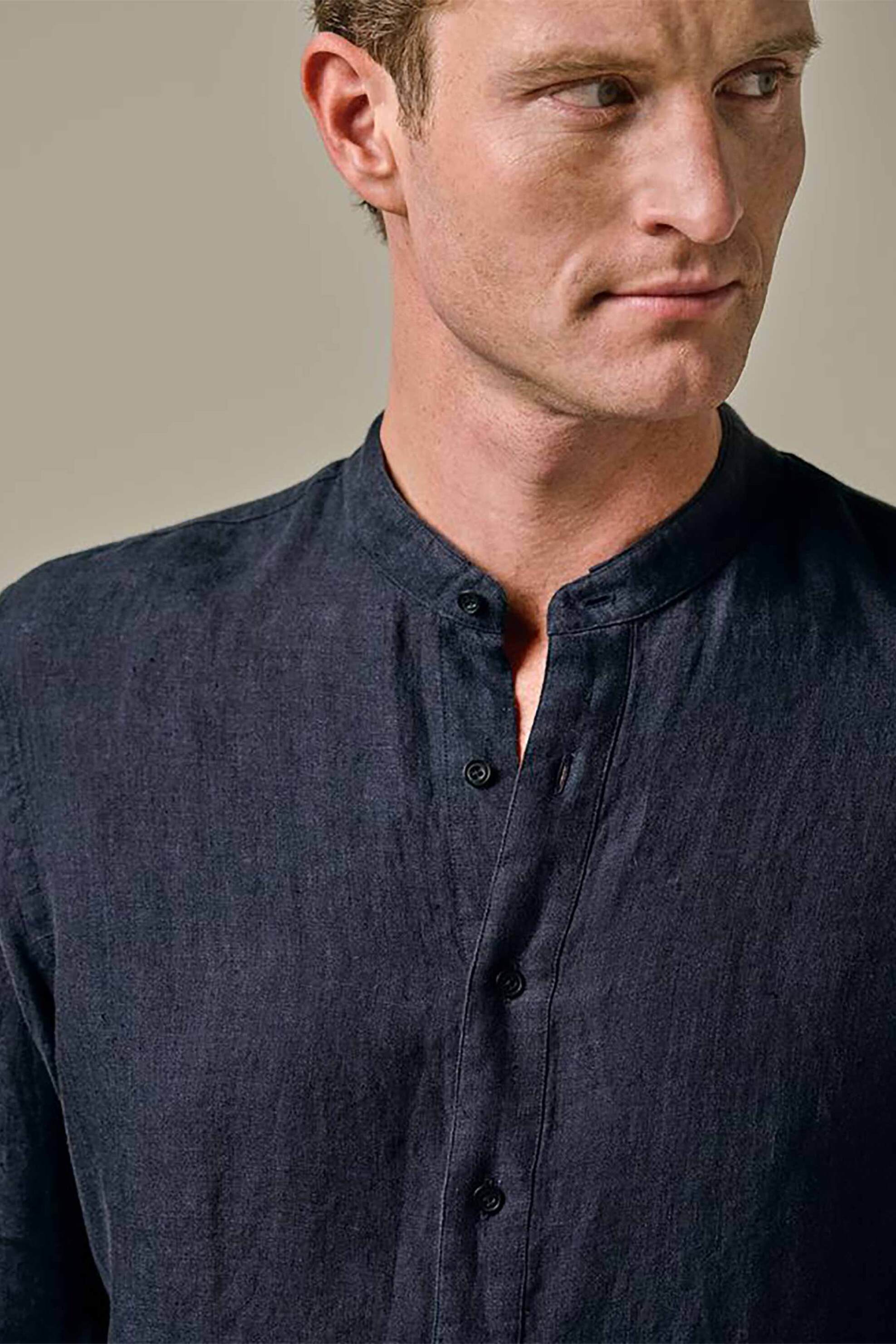 Profuomo ανδρικό λινό πουκάμισο μάο μονόχρωμο Slim Fit - PPWH10025B Σκούρο Μπλε φωτογραφία