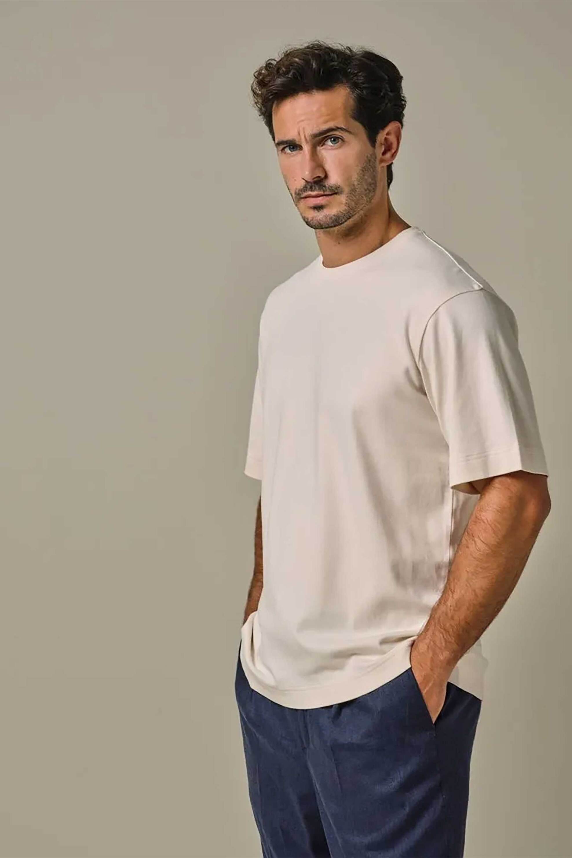 Profuomo ανδρικό T-shirt μονόχρωμο Loose Fit - PPWT10003B Κρέμ