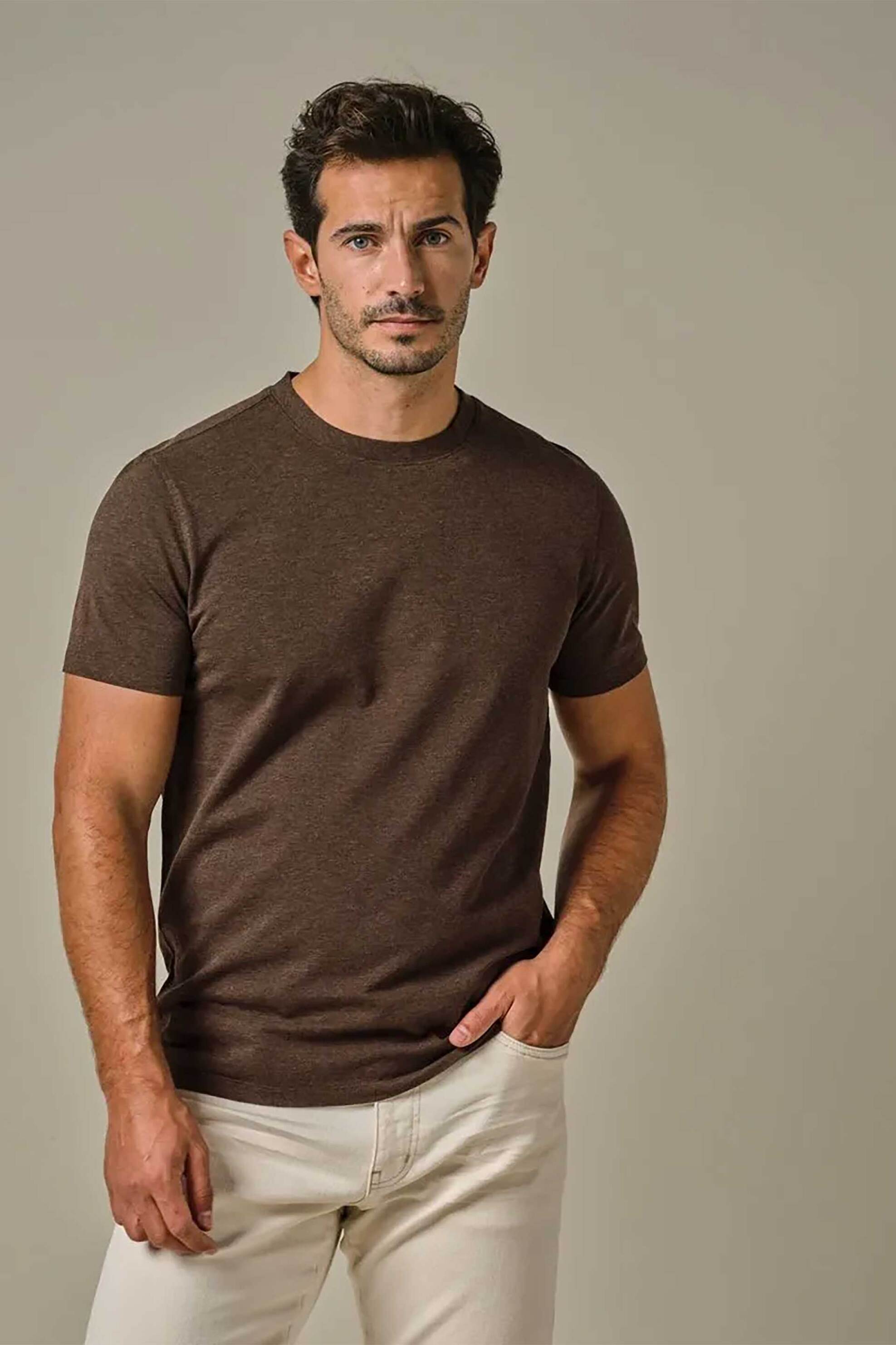 Profuomo ανδρικό T-shirt πικέ μονόχρωμο Normal Fit - PPWT10004D Καφέ
