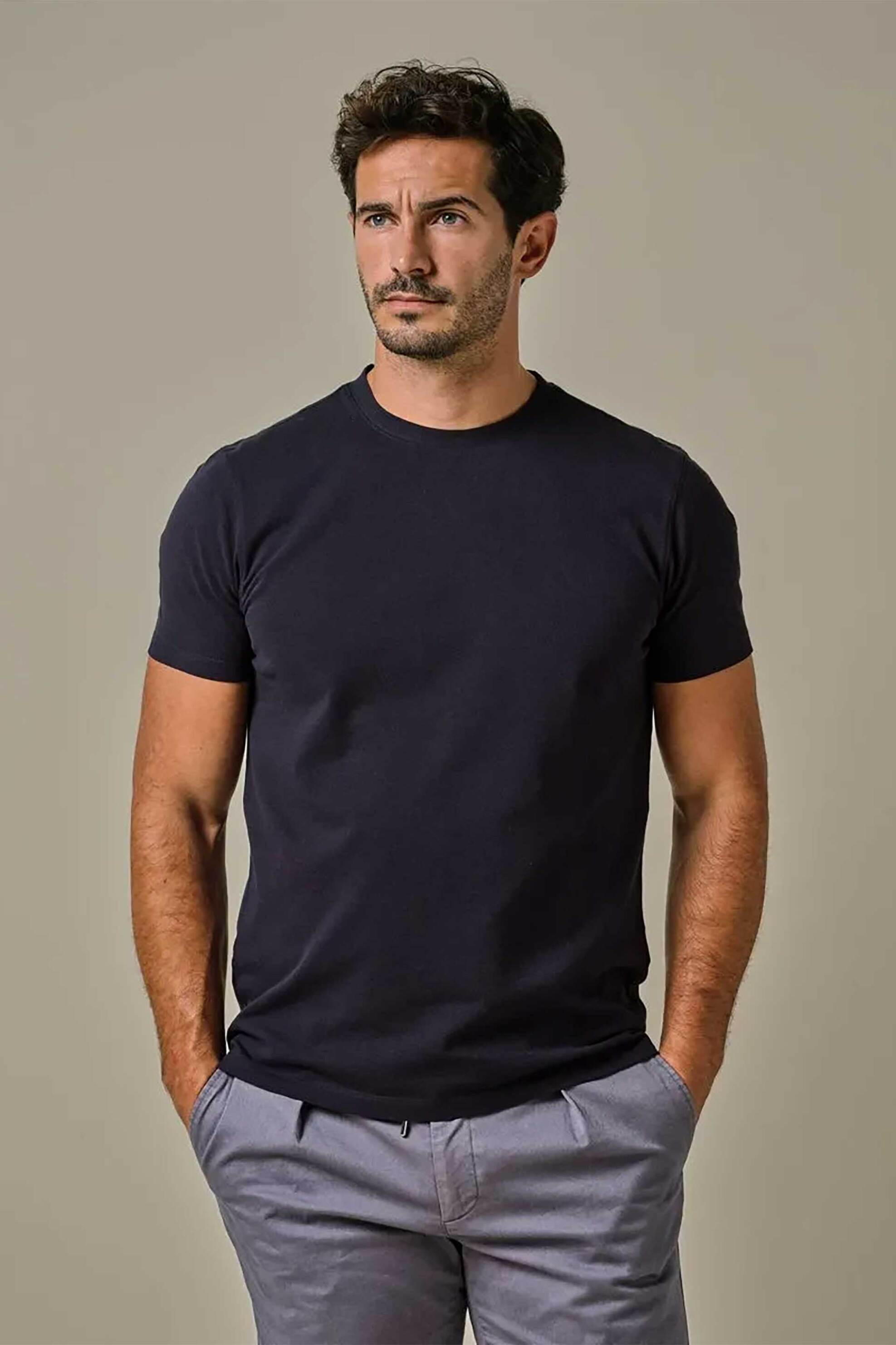 Profuomo ανδρικό T-shirt πικέ μονόχρωμο Normal Fit - PPWT10004J Σκούρο Μπλε
