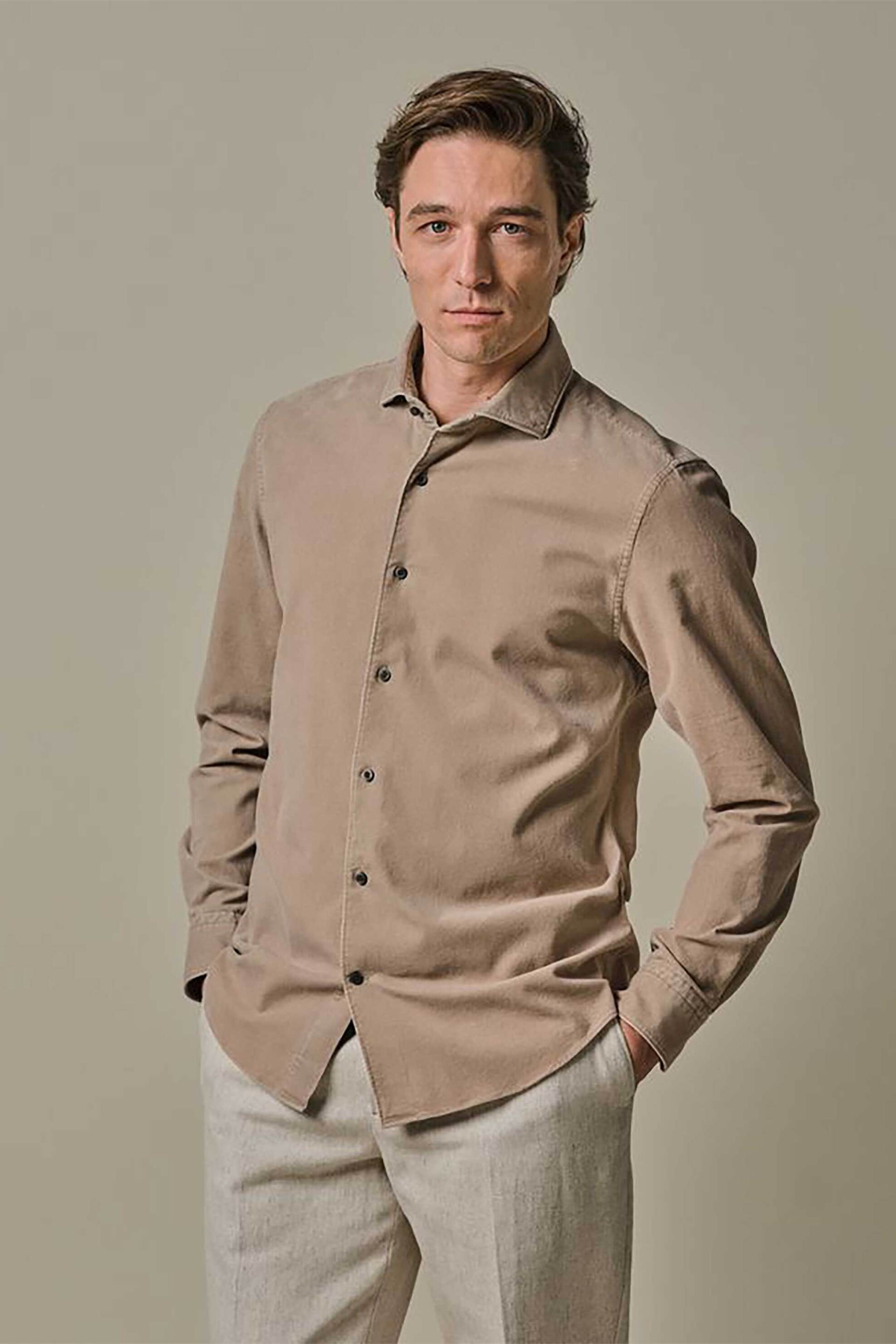 PROFUOMO Profuomo ανδρικό πουκάμισο κοτλέ μονόχρωμο Relaxed Fit - PPWH30012D Μπεζ