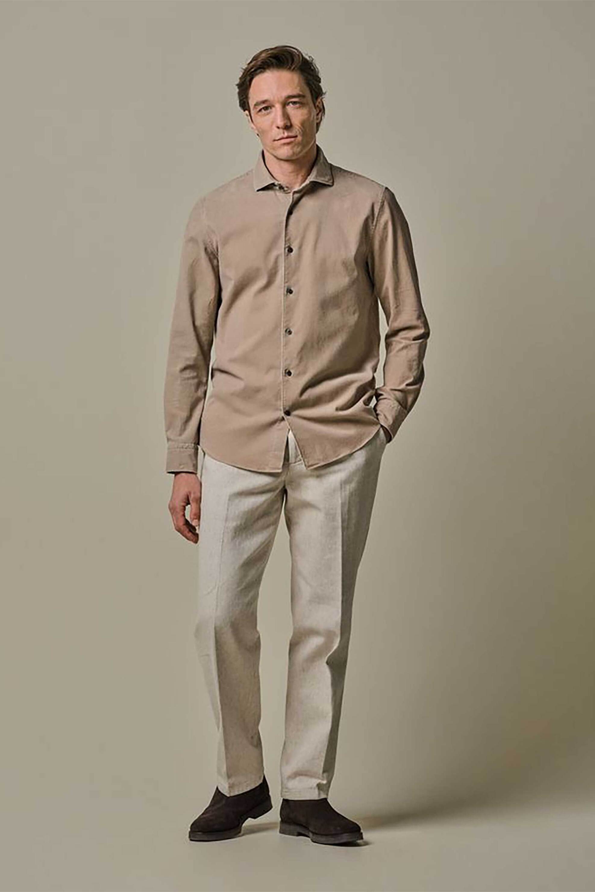 Profuomo ανδρικό πουκάμισο κοτλέ μονόχρωμο Relaxed Fit - PPWH30012D Μπεζ φωτογραφία