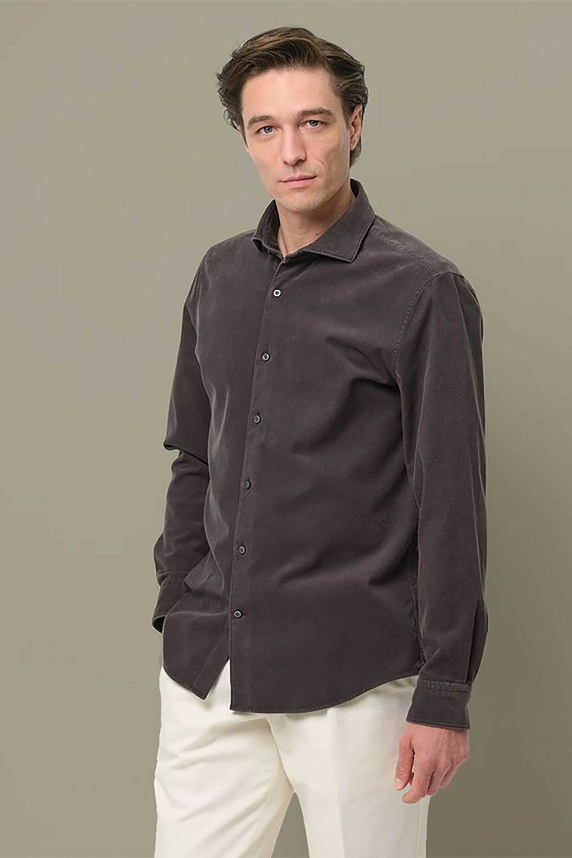 Profuomo ανδρικό πουκάμισο κοτλέ μονόχρωμο Relaxed Fit - PPWH30012H Καφέ