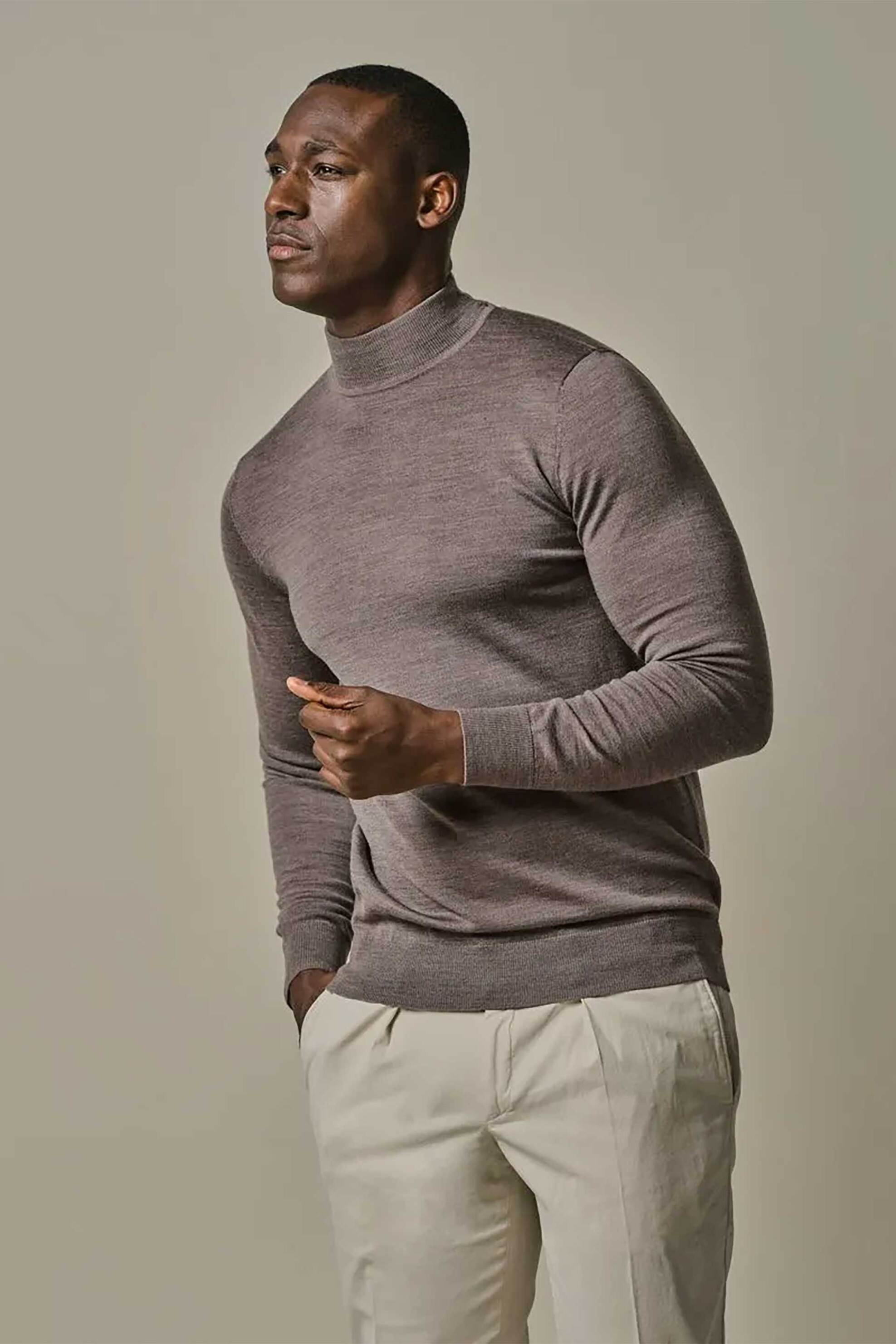 Profuomo ανδρική μάλλινη πλεκτή μπλούζα Regular Fit - PPWJ30004D Taupe