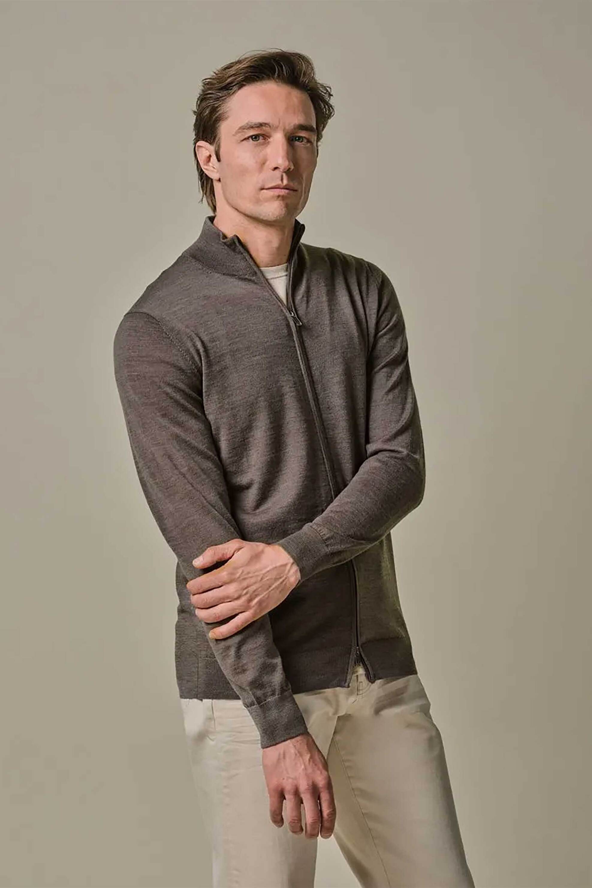 Profuomo ανδρική μάλλινη πλεκτή ζακέτα Regular Fit - PPWJ30006D Taupe