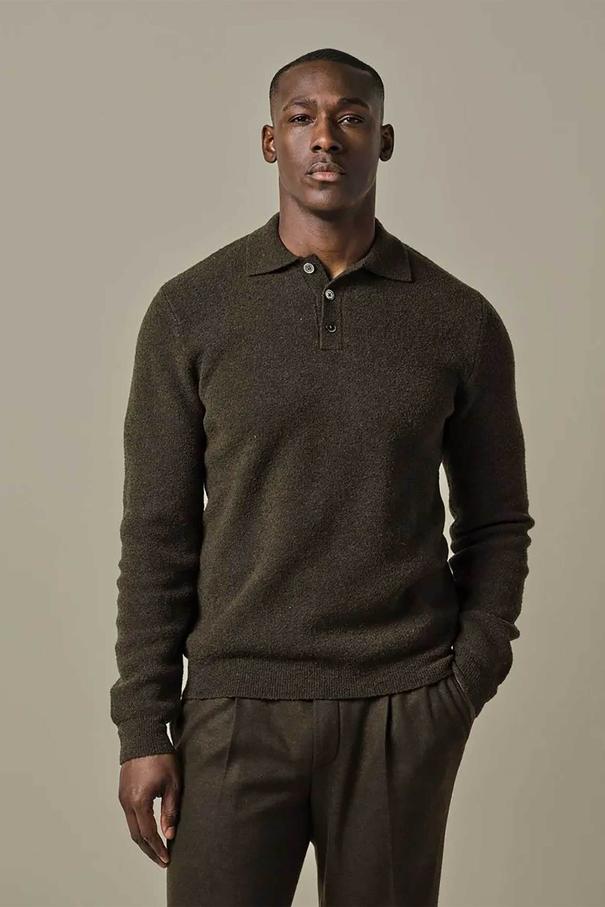 Profuomo ανδρική μάλλινη μπλούζα πόλo Regular Fit - PPWJ30033A Χακί