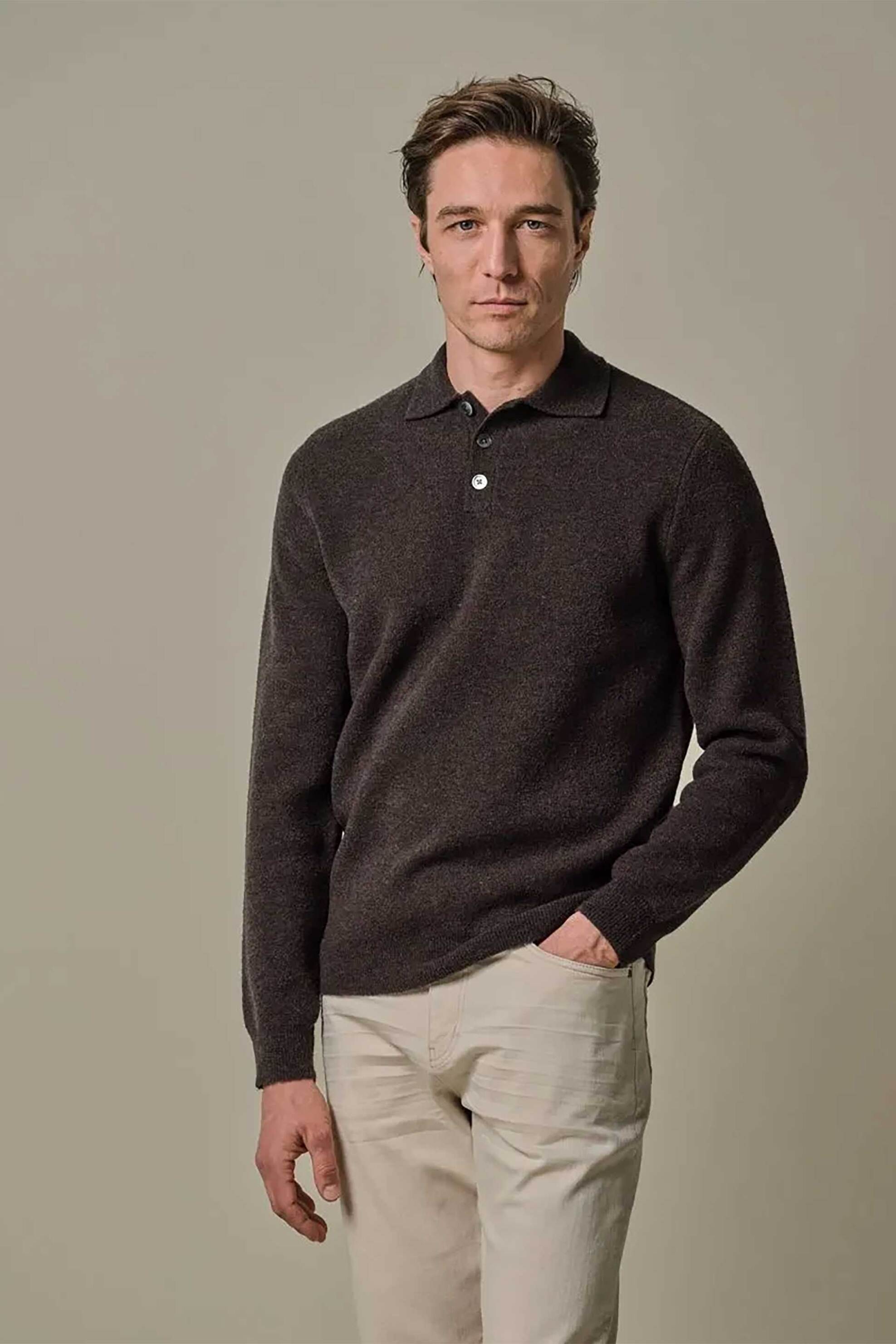 Profuomo ανδρική μάλλινη μπλούζα πόλo Regular Fit - PPWJ30033C Καφέ