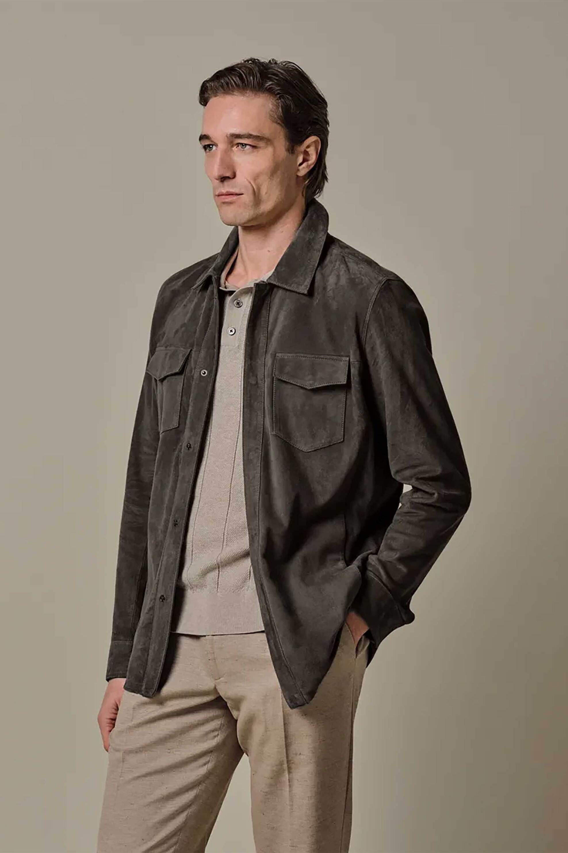 Profuomo ανδρικό suede overshirt Normal Fit - PPXF10035B Taupe
