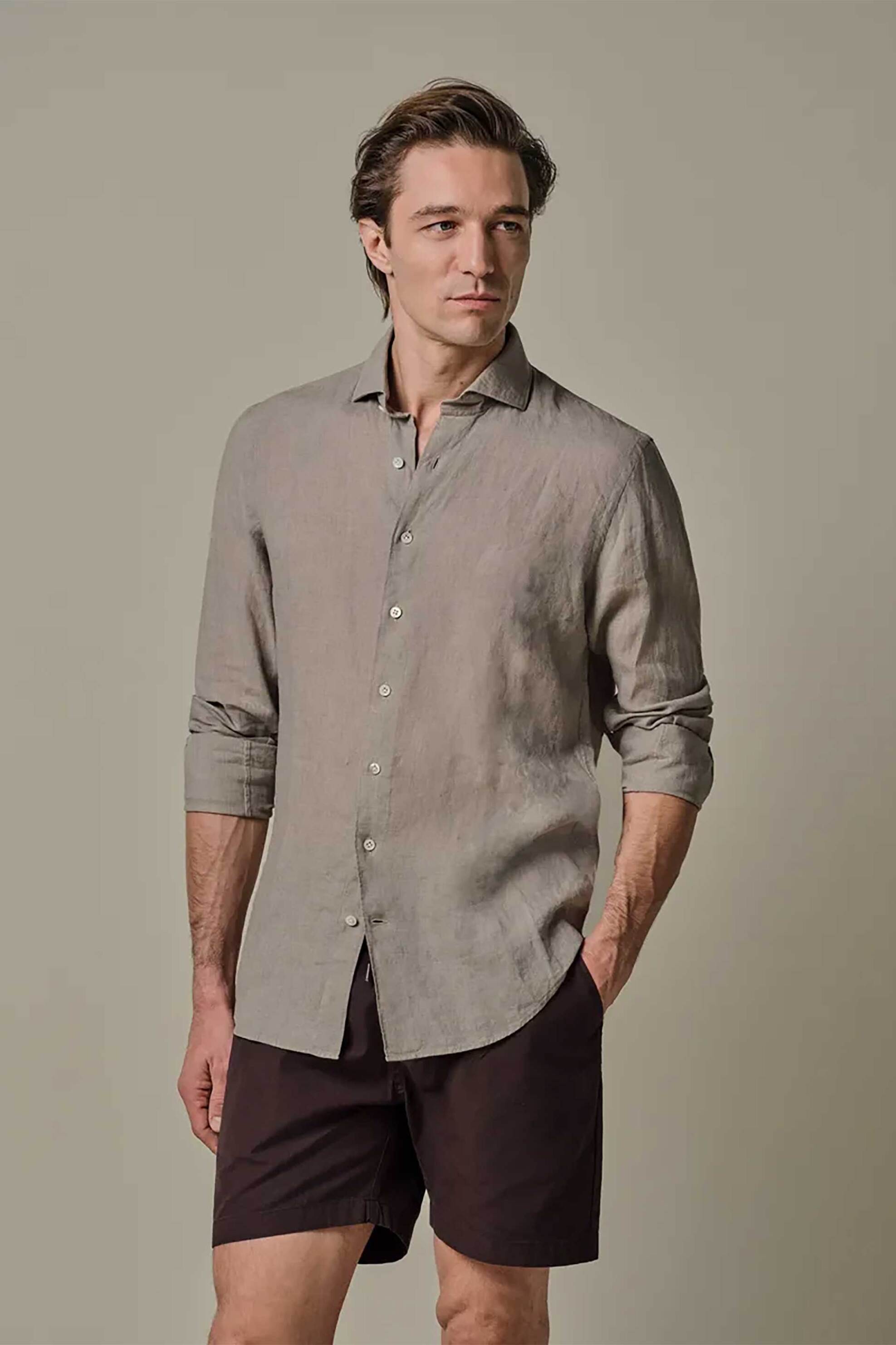 Profuomo ανδρικό λινό πουκάμισο Slim Fit - PPXH10017D Μπεζ