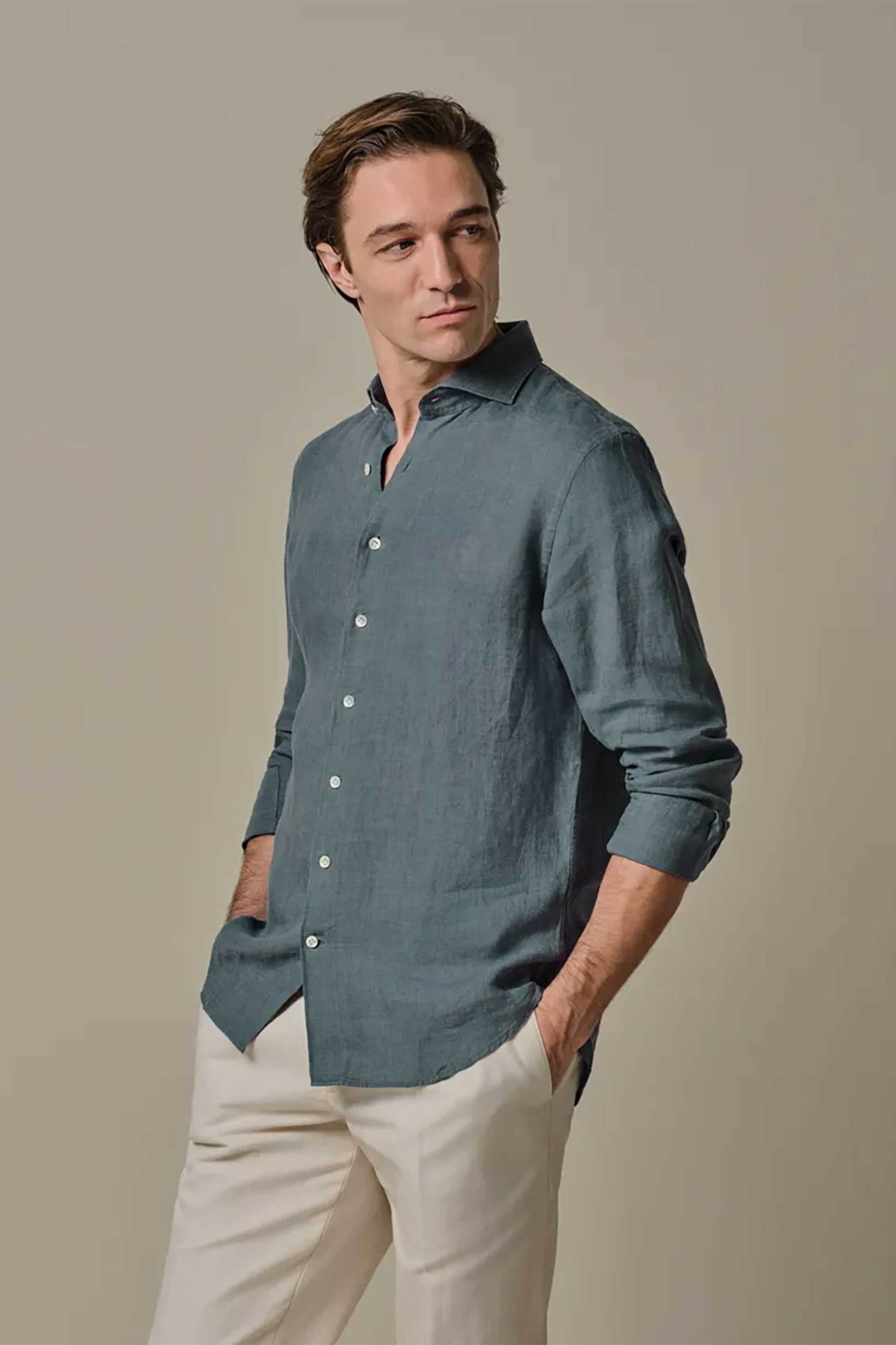 Profuomo ανδρικό λινό πουκάμισο Slim Fit - PPXH10017S Γκρι