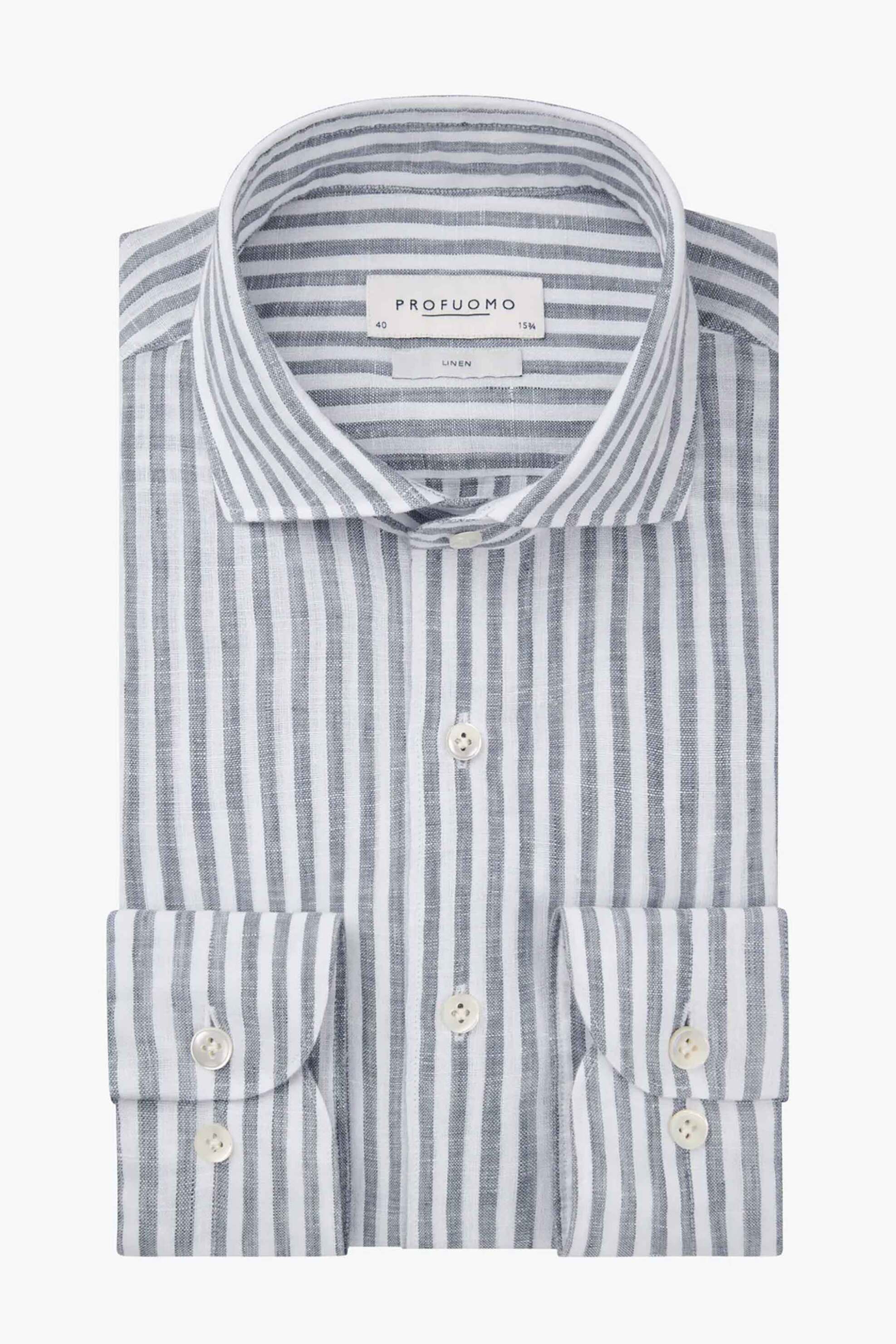 Profuomo ανδρικό λινό πουκάμισο με ριγέ σχέδιο Slim Fit - PPXH10018C Σκούρο Μπλε