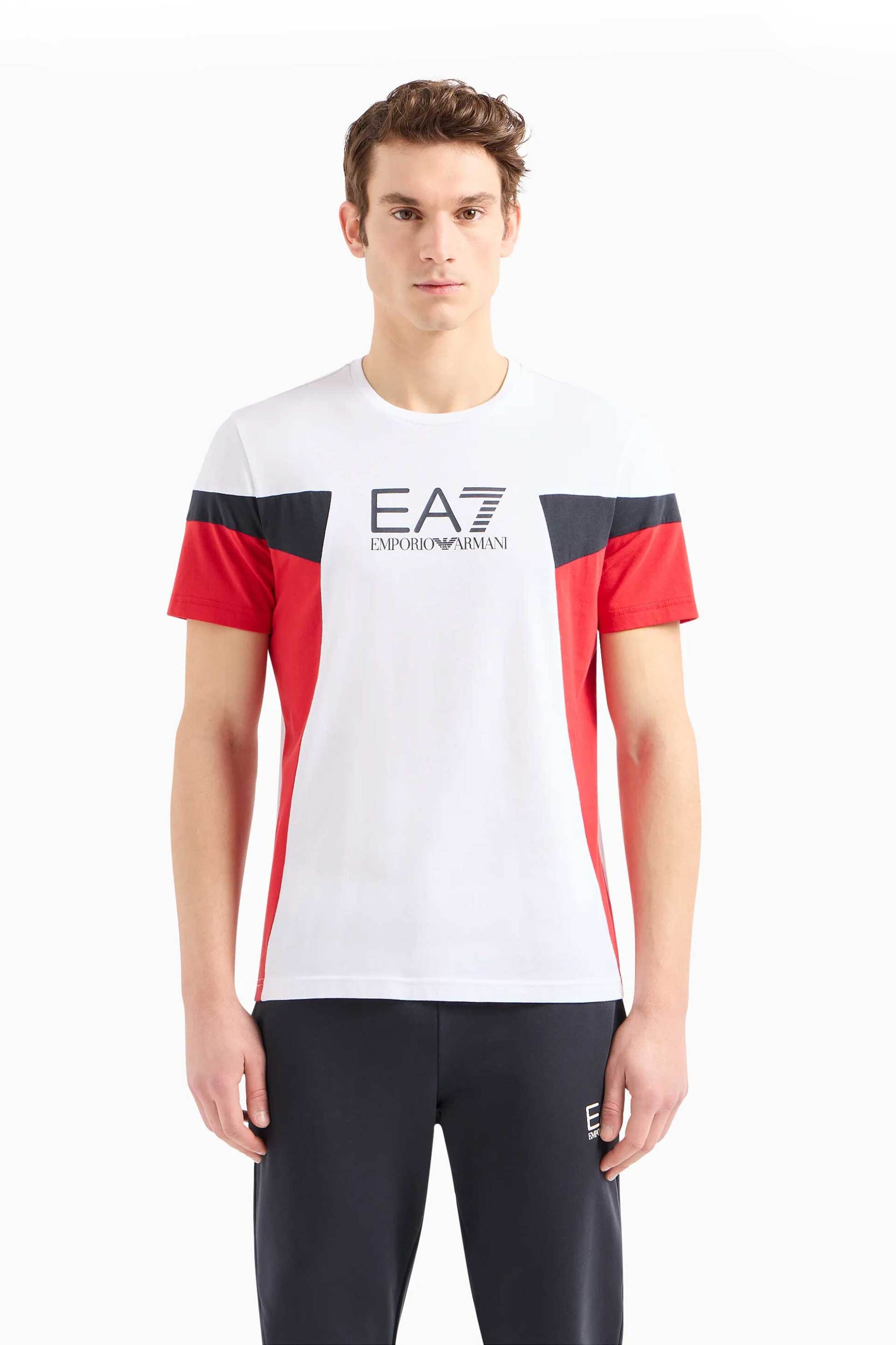 EA7 ανδρικό T-shirt colourblocked με logo print Regular Fit - 3DPT10PJ02Z Λευκό