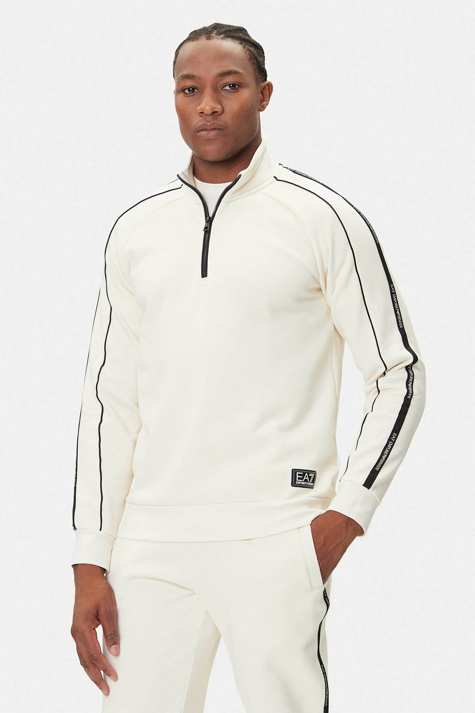 EA7 ανδρική μπλούζα φούτερ με contrast λεπτομέρειες και φερμουάρ 1/2 Regular Fit - 7M000971AF10377 Κρέμ