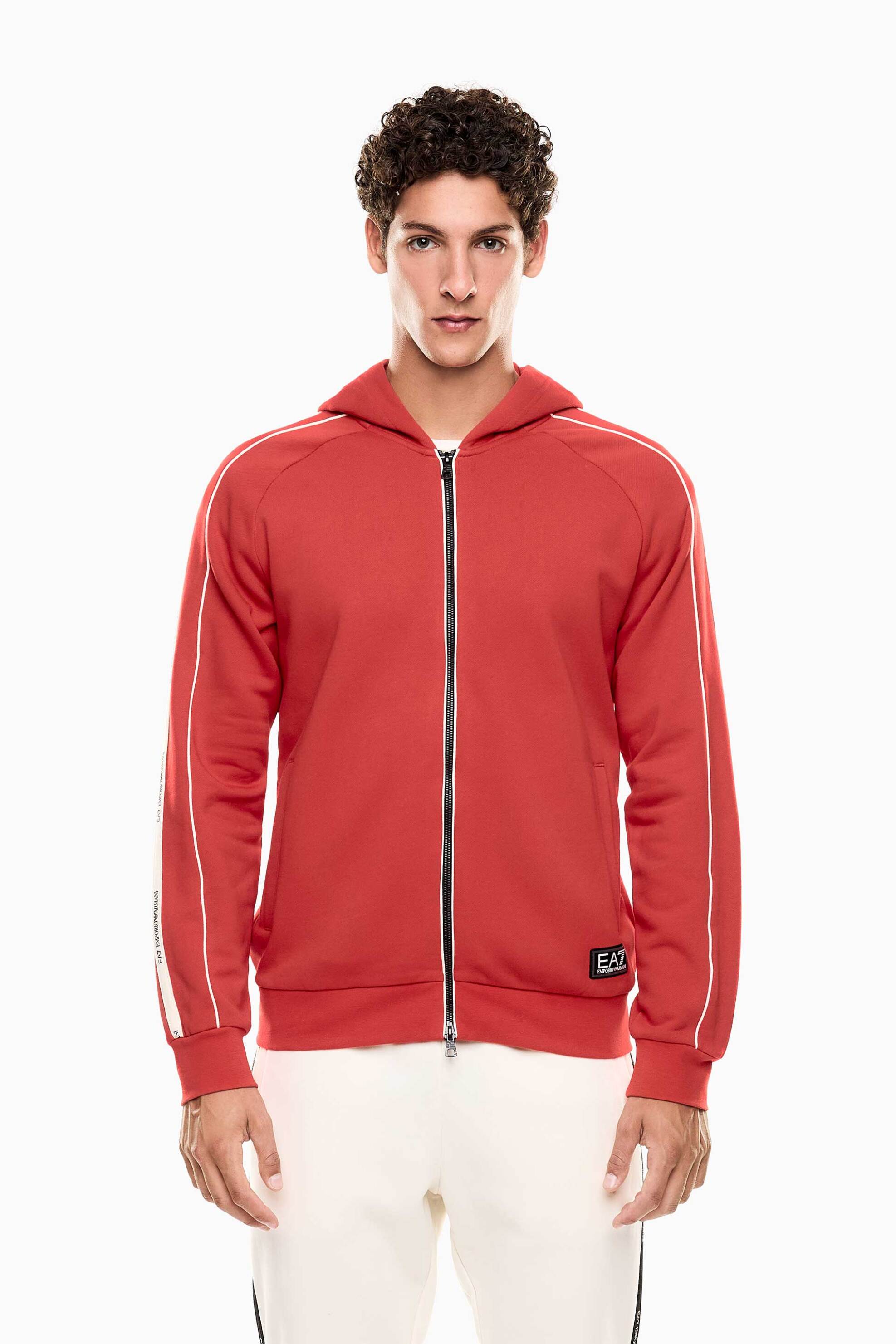 EA7 ανδρική ζακέτα φούτερ με κουκούλα και contrast λεπτομέρειες με logo tape Regular Fit - 7M000973AF10377 Κόκκινο