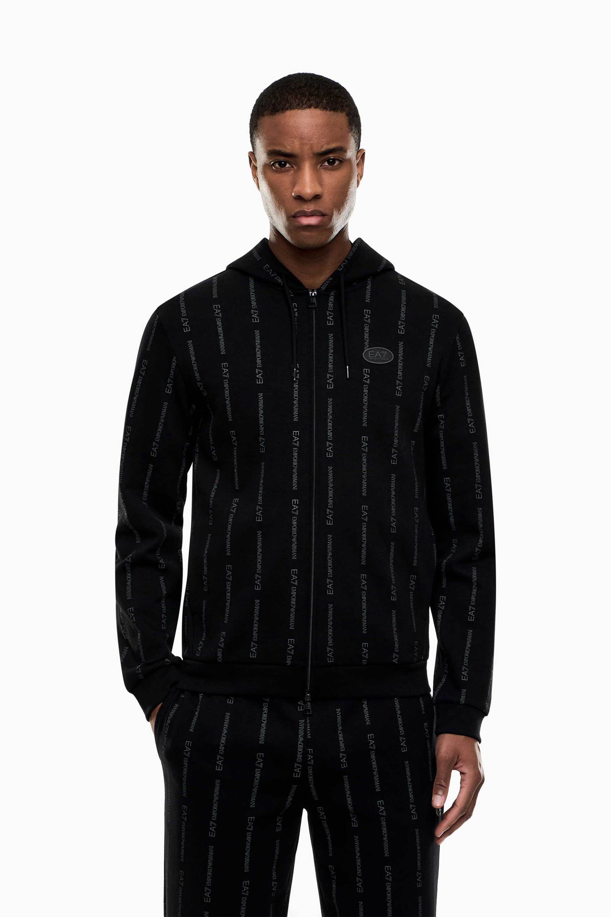 EA7 ανδρική ζακέτα φούτερ με κουκούλα και ριγέ logo motif Regular Fit - 7M001392AF12660 Μαύρο