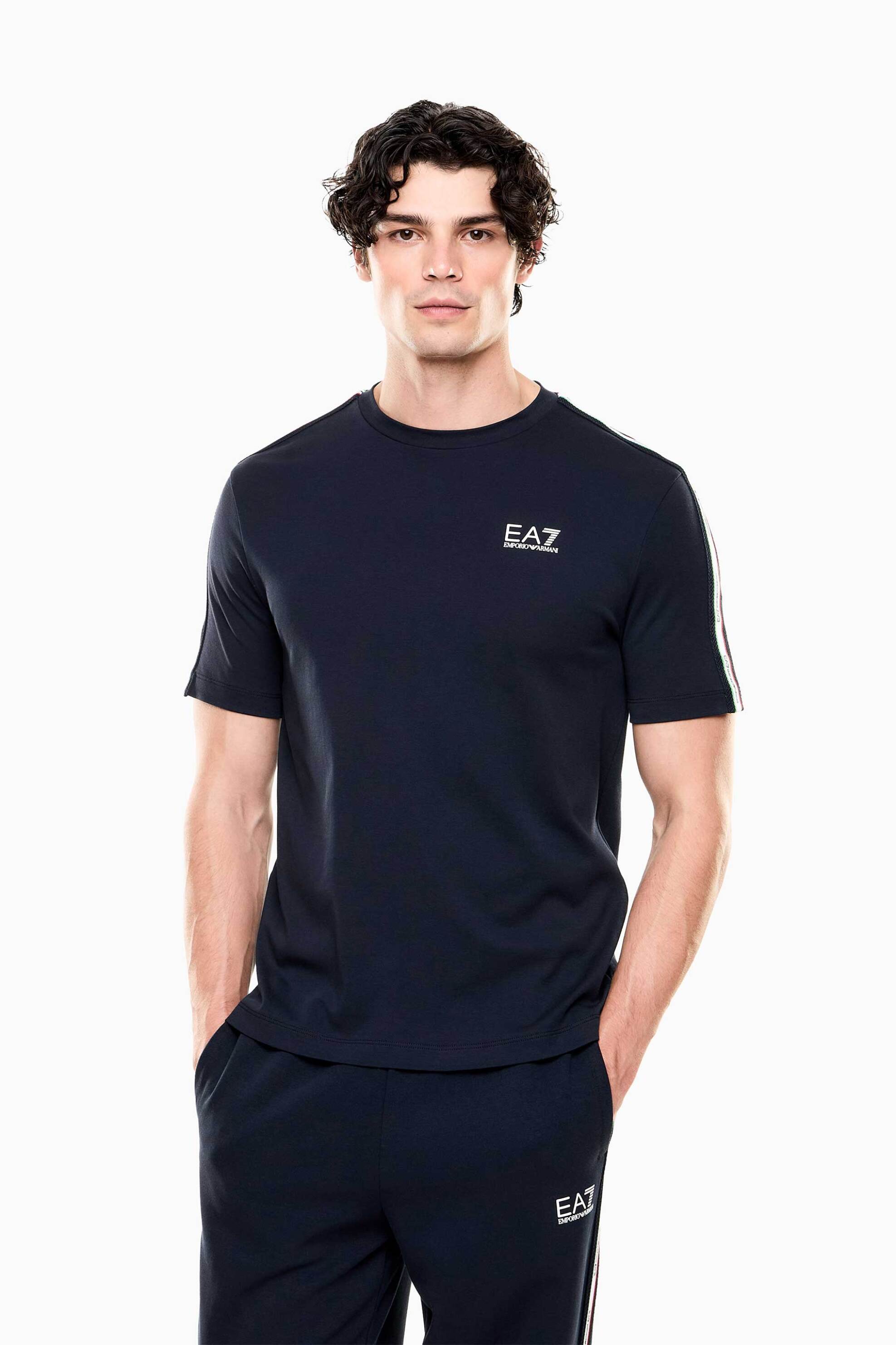 EA7 ανδρικό T-shirt με λογότυπο και logo tape Slim Fit - 7M001861AF12503 Μπλε Σκούρο