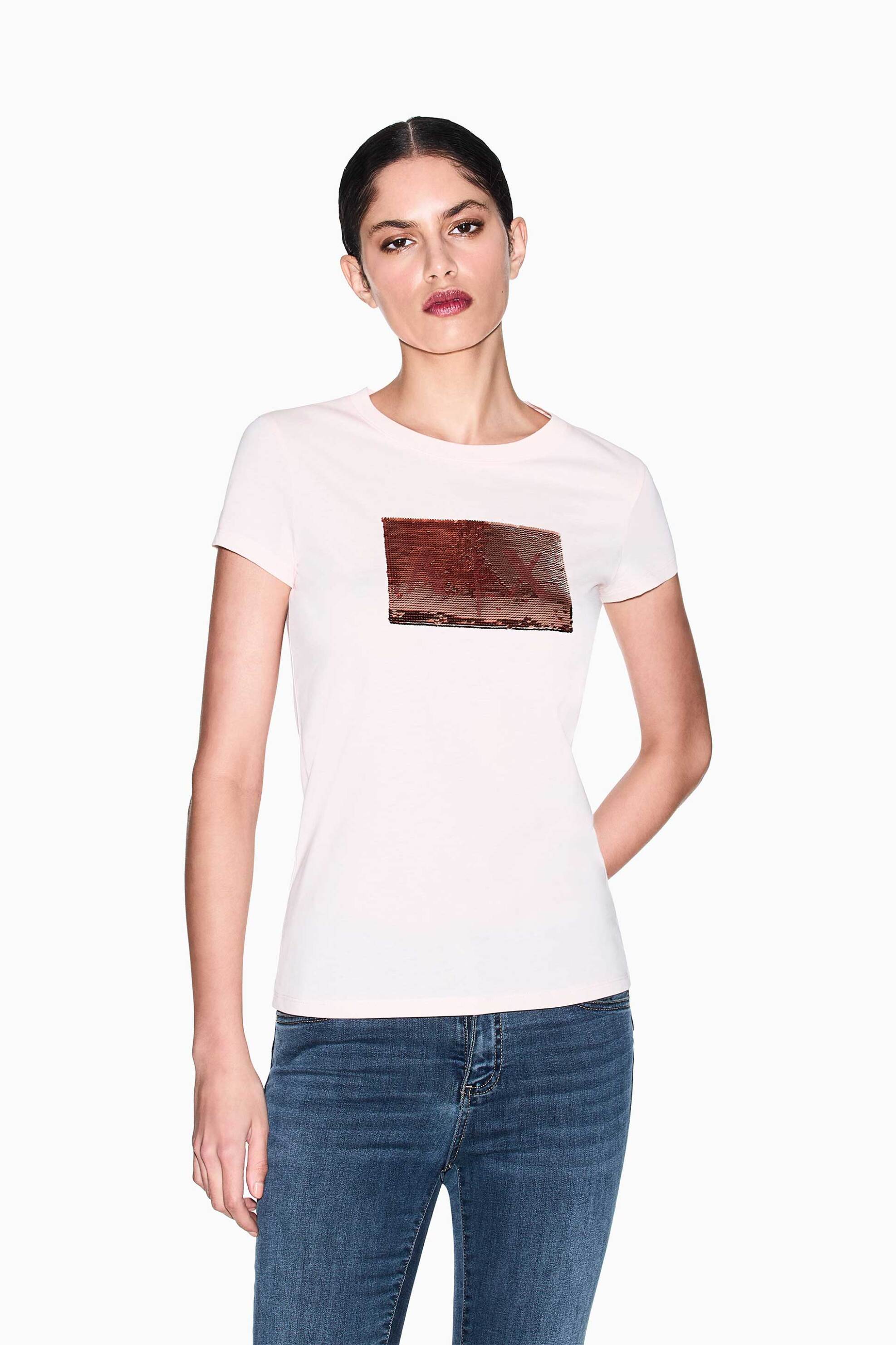 Armani Exchange γυναικείο T-shirt με monogram από παγιέτα Slim Fit - 8NYTDLYJ73Z Ροζ Ανοιχτό