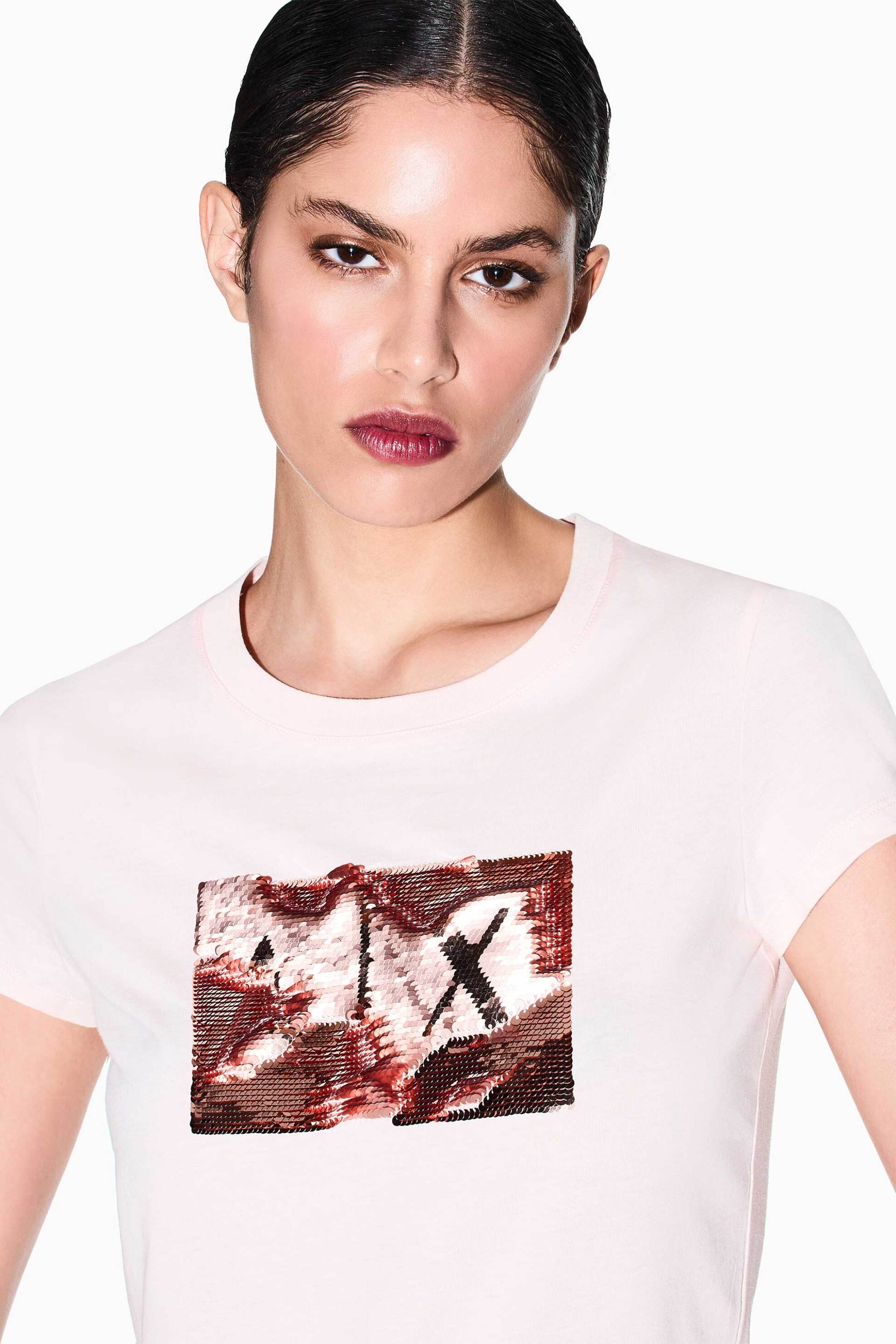 Armani Exchange γυναικείο T-shirt με monogram από παγιέτα Slim Fit - 8NYTDLYJ73Z Ροζ Ανοιχτό
