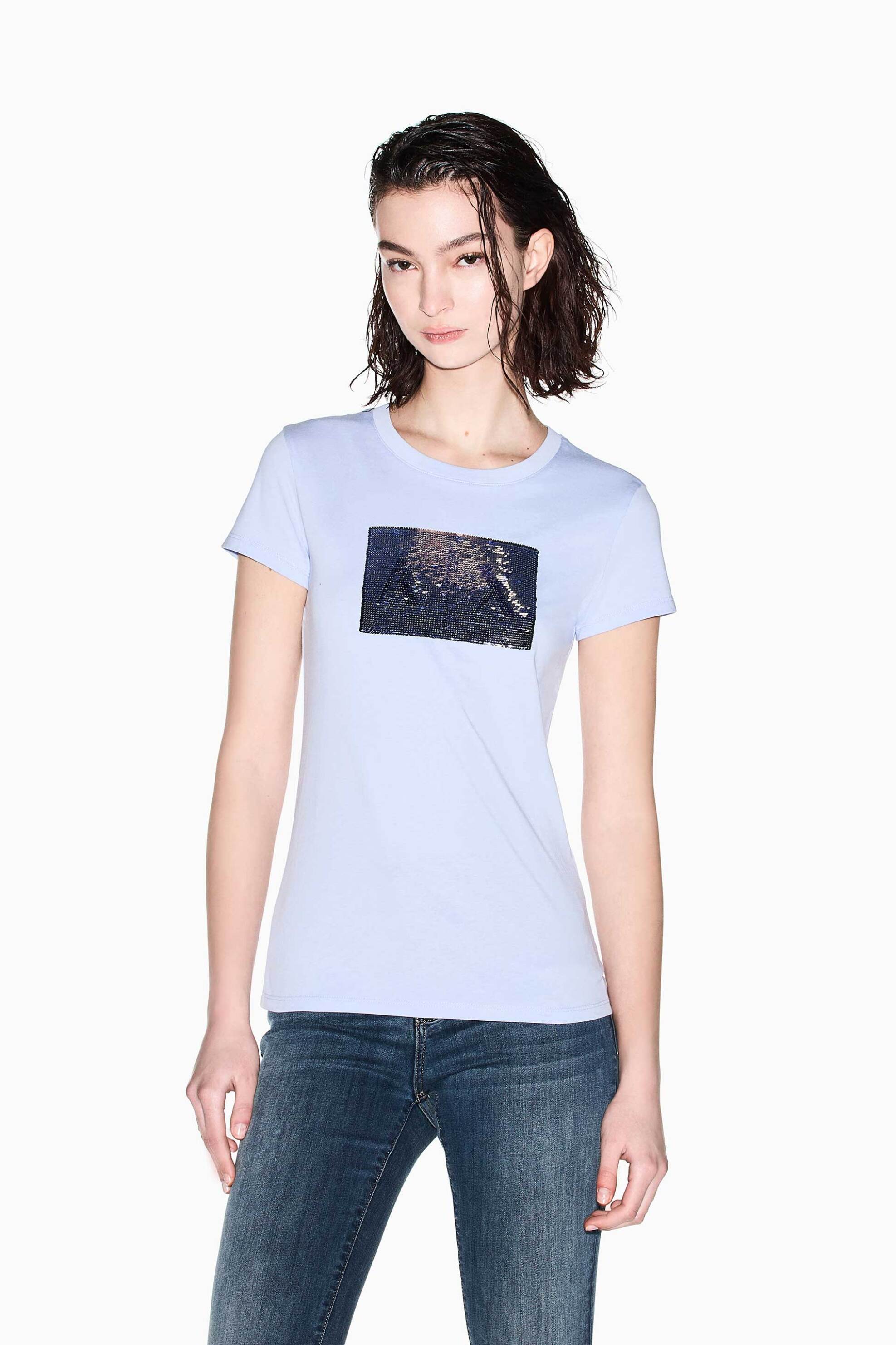 Armani Exchange γυναικείο T-shirt με monogram από παγιέτα Slim Fit - 8NYTDLYJ73Z Μπλε Ανοιχτό