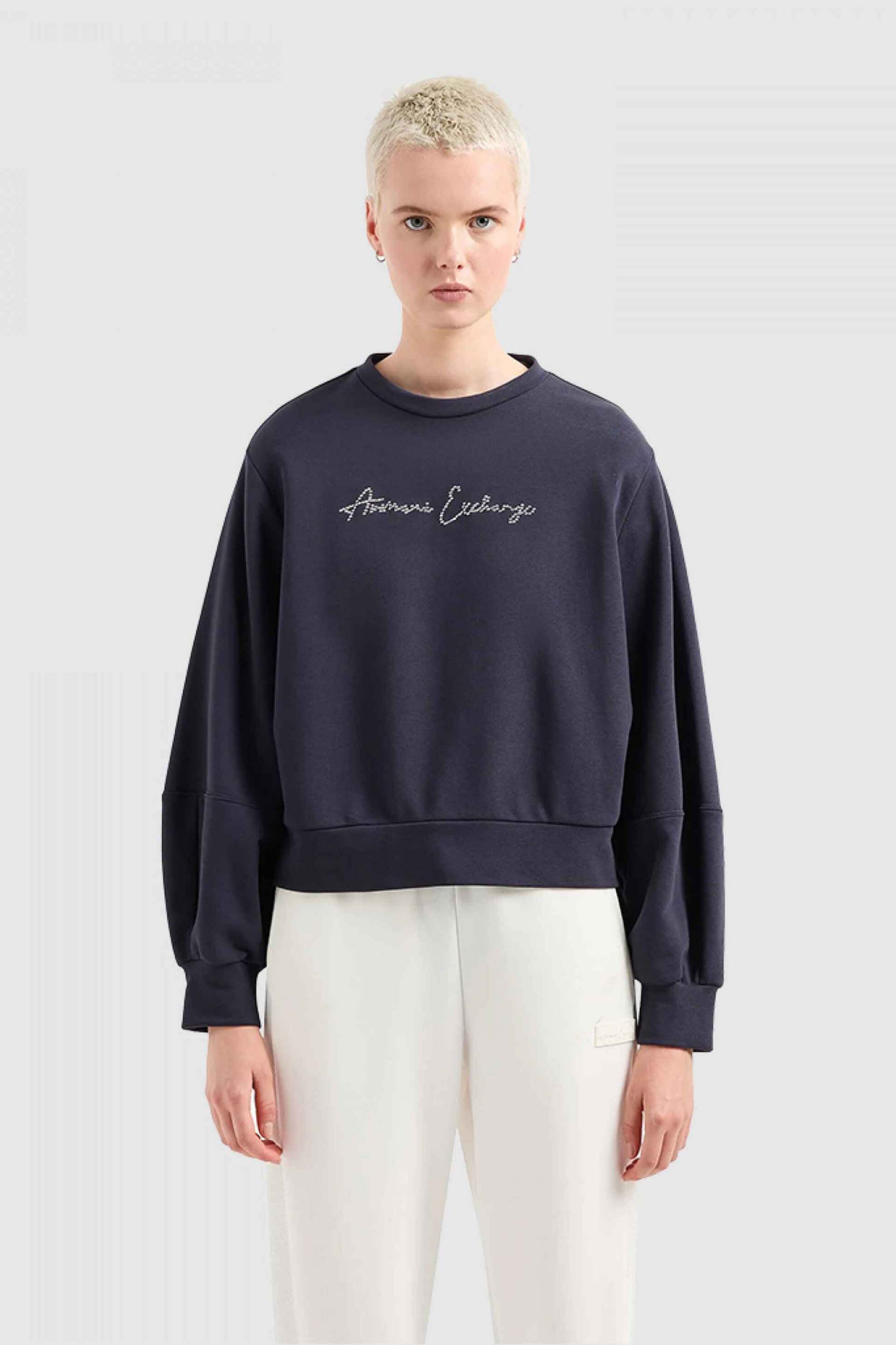  Armani Exchange γυναικεία μπλούζα φούτερ μονόχρωμη με λογότυπο με rhinestones - 3DYM13YJFFZ Σκούρο Μπλε 2025