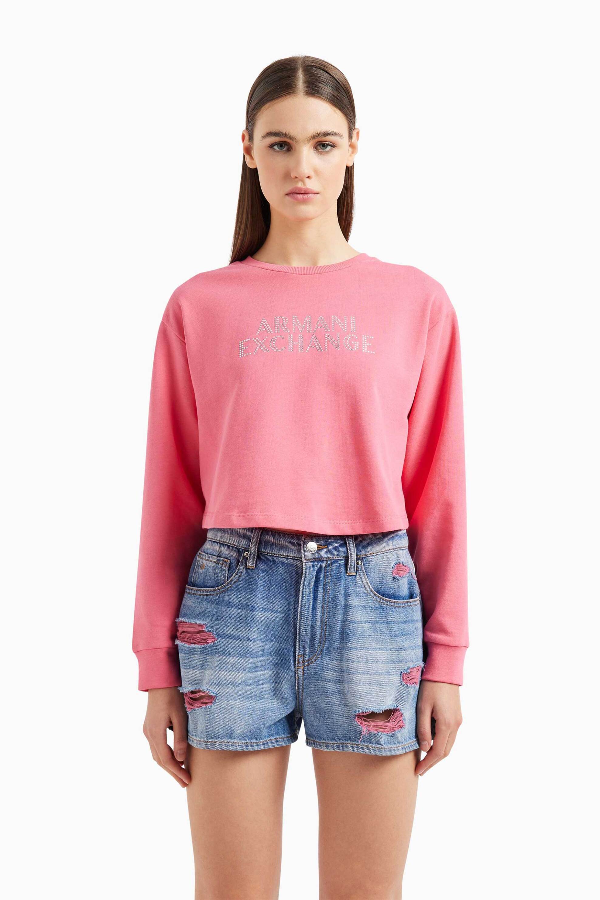  Armani Exchange γυναικεία μπλούζα φούτερ μονόχρωμη με λογότυπο με rhinestones - 3DYM90YJFHZ Ροζ Φλαμίνγκο 2025