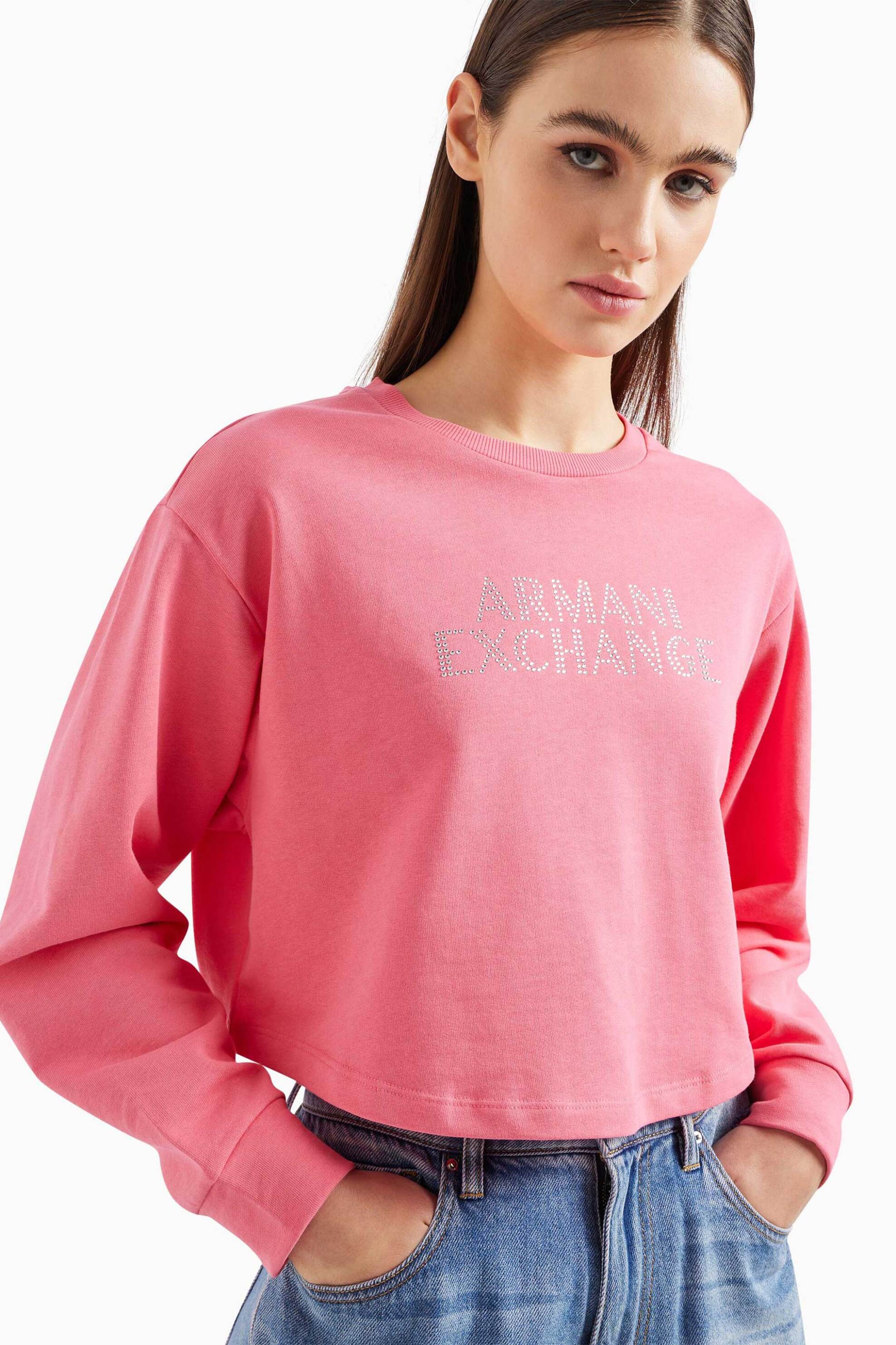 Armani Exchange γυναικεία μπλούζα φούτερ μονόχρωμη με λογότυπο με rhinestones - 3DYM90YJFHZ Ροζ Φλαμίνγκο φωτογραφία