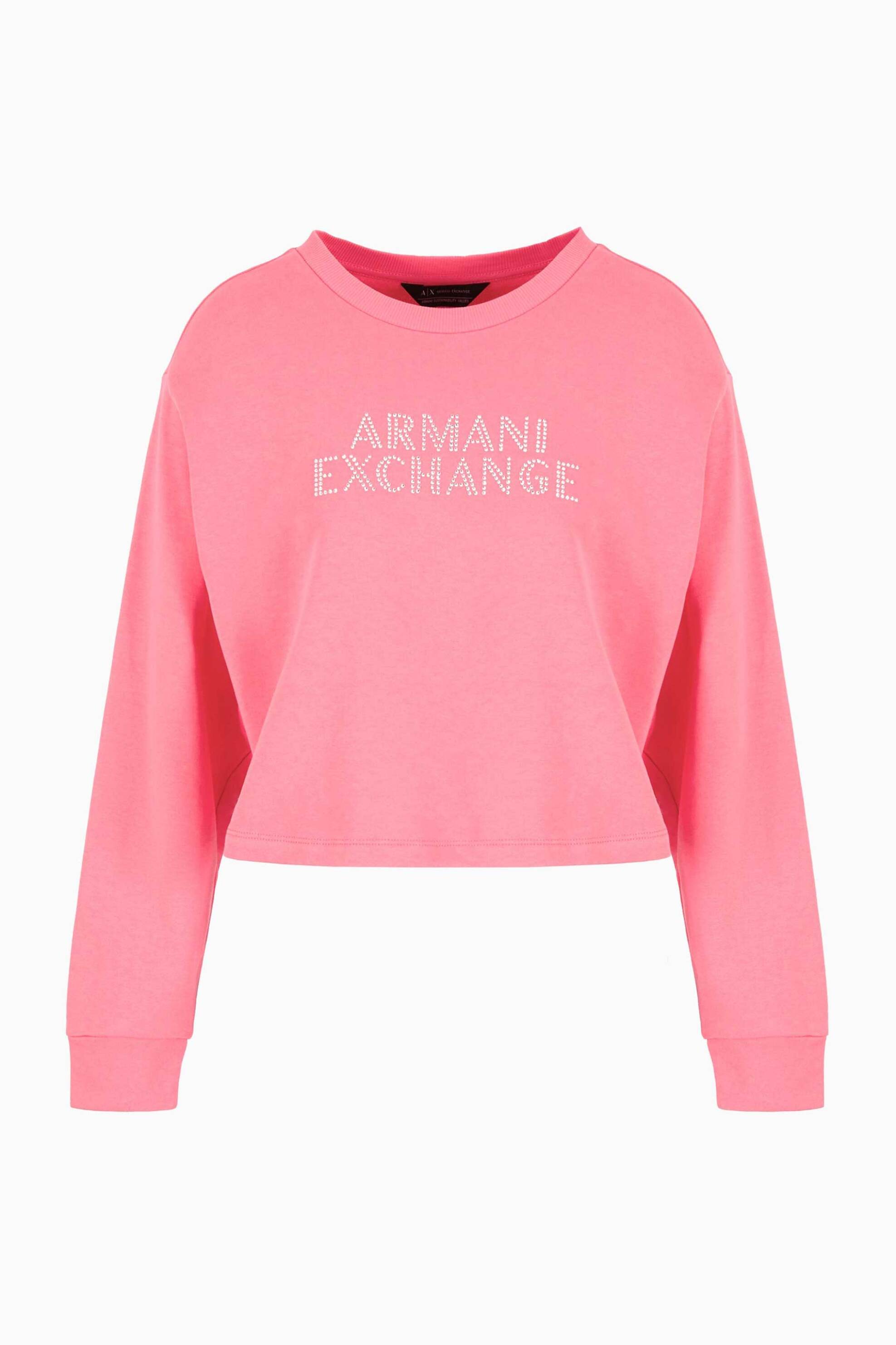 Armani Exchange γυναικεία μπλούζα φούτερ μονόχρωμη με λογότυπο με rhinestones - 3DYM90YJFHZ Ροζ Φλαμίνγκο φωτογραφία