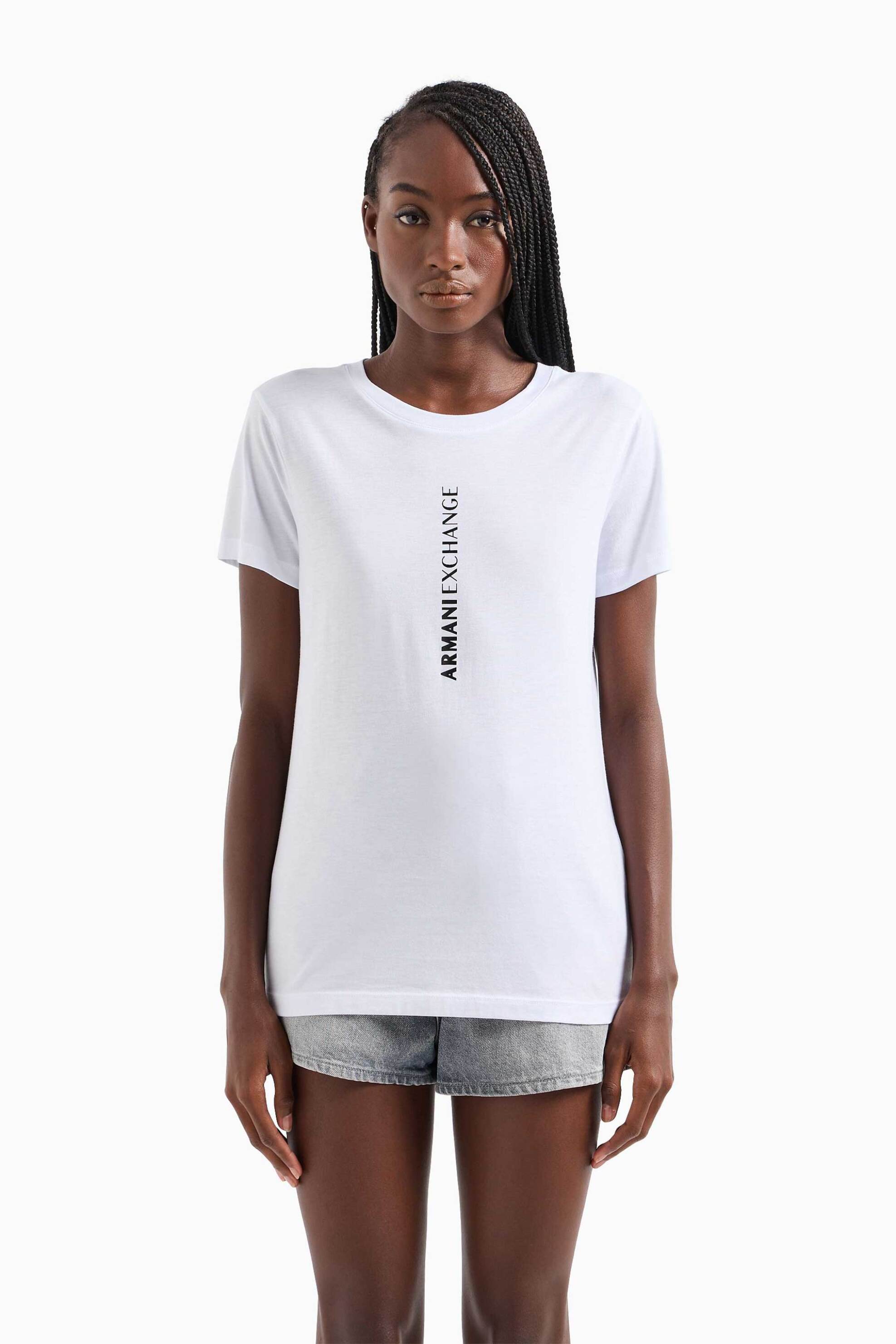 Γυναικεία Ρούχα & Αξεσουάρ > Γυναικεία Ρούχα > Γυναικεία Τοπ > Γυναικεία T-Shirts Armani Exchange γυναικείο βαμβακερό T-shirt μονόχρωμο με κάθετο contrast logo print - 3DYT02YJ16Z Λευκό