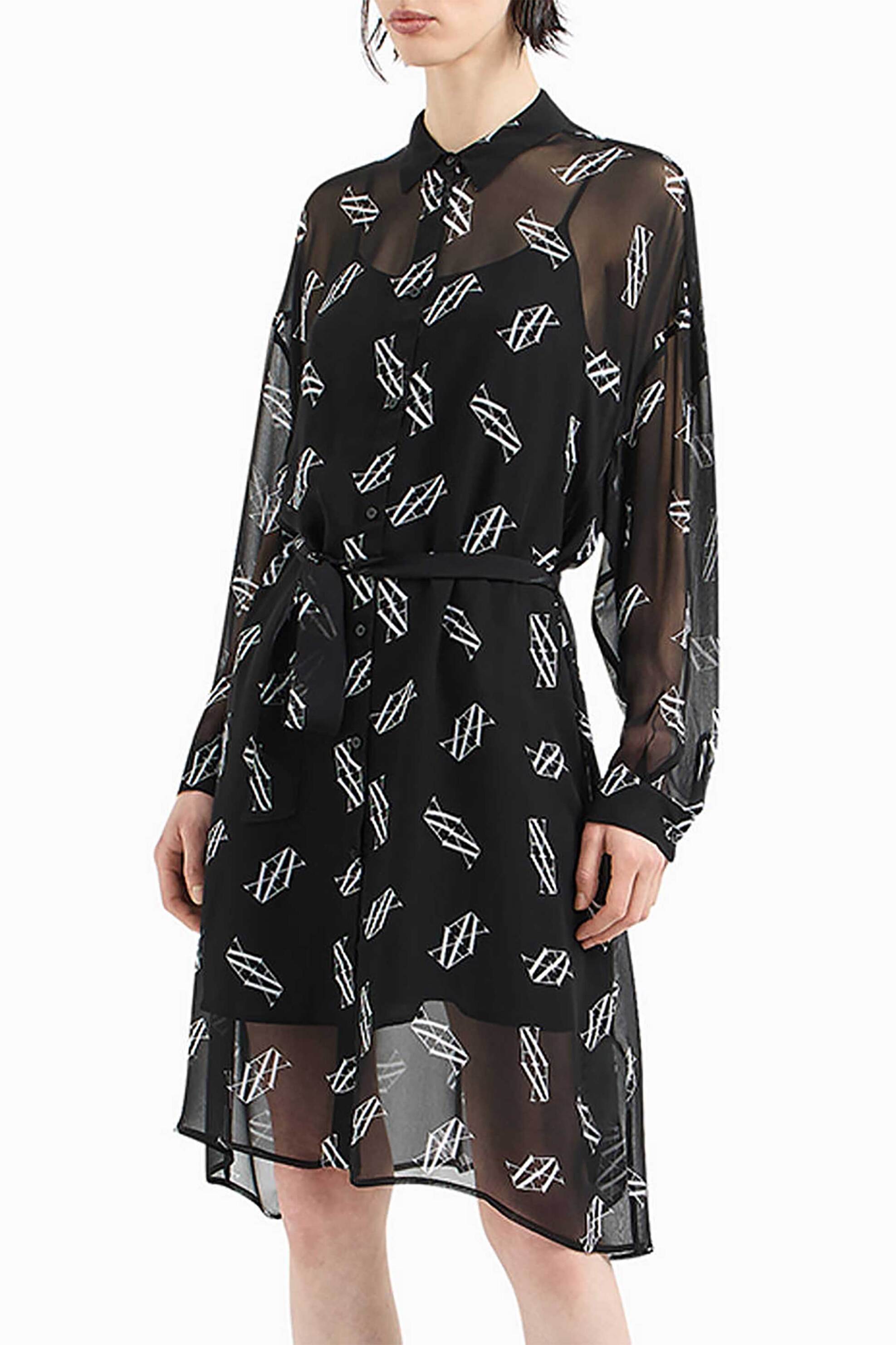 Armani Exchange γυναικείο mini φόρεμα σεμιζιέ διάφανο με ζώνη στη μέση και μονόγραμμα | 8