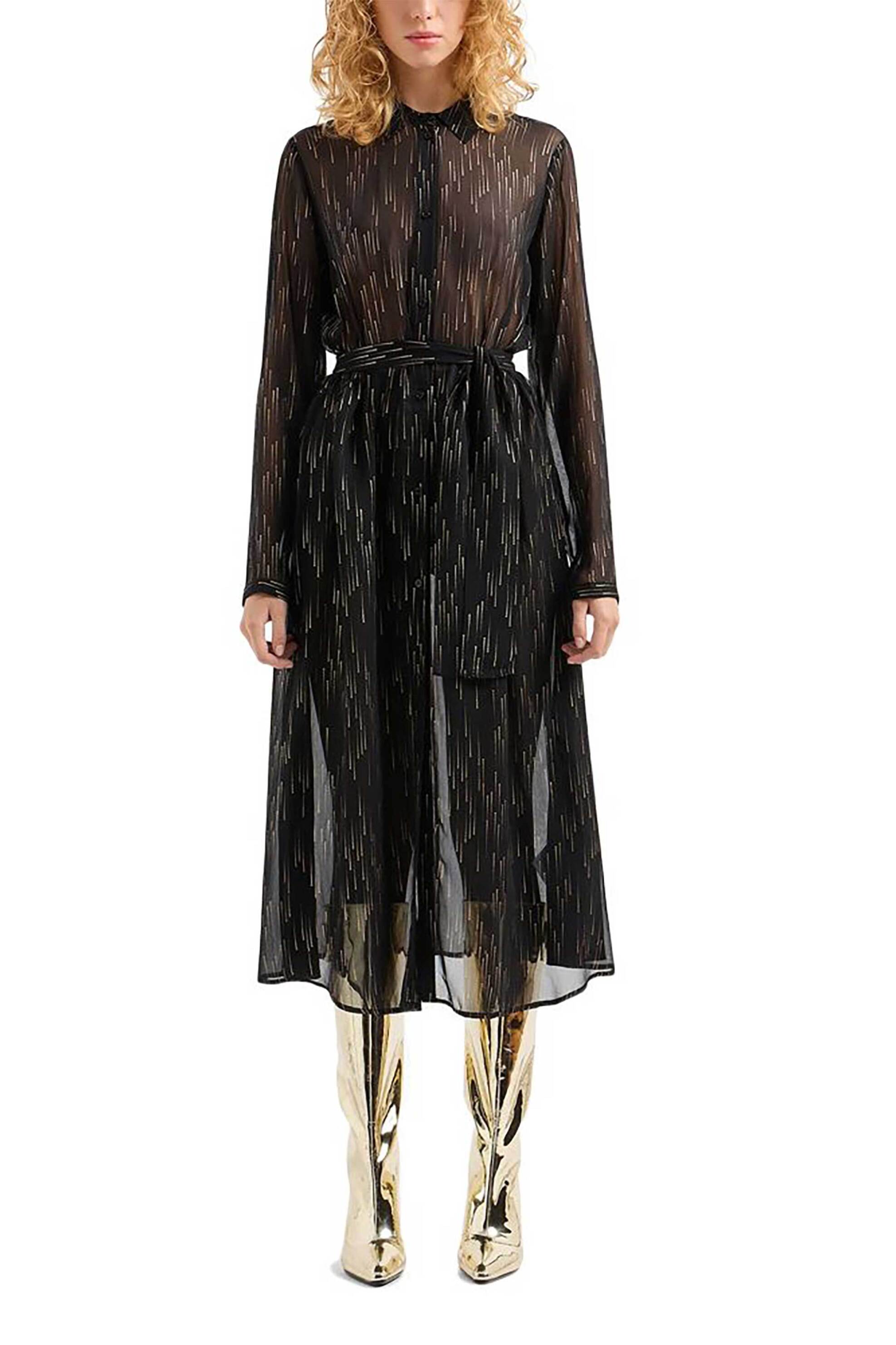 Armani Exchange γυναικείο midi φόρεμα ημιδάφανο σεμιζιέ με χρυσές λεπτομέρειες και ασορτί ζώνη Regular Fit