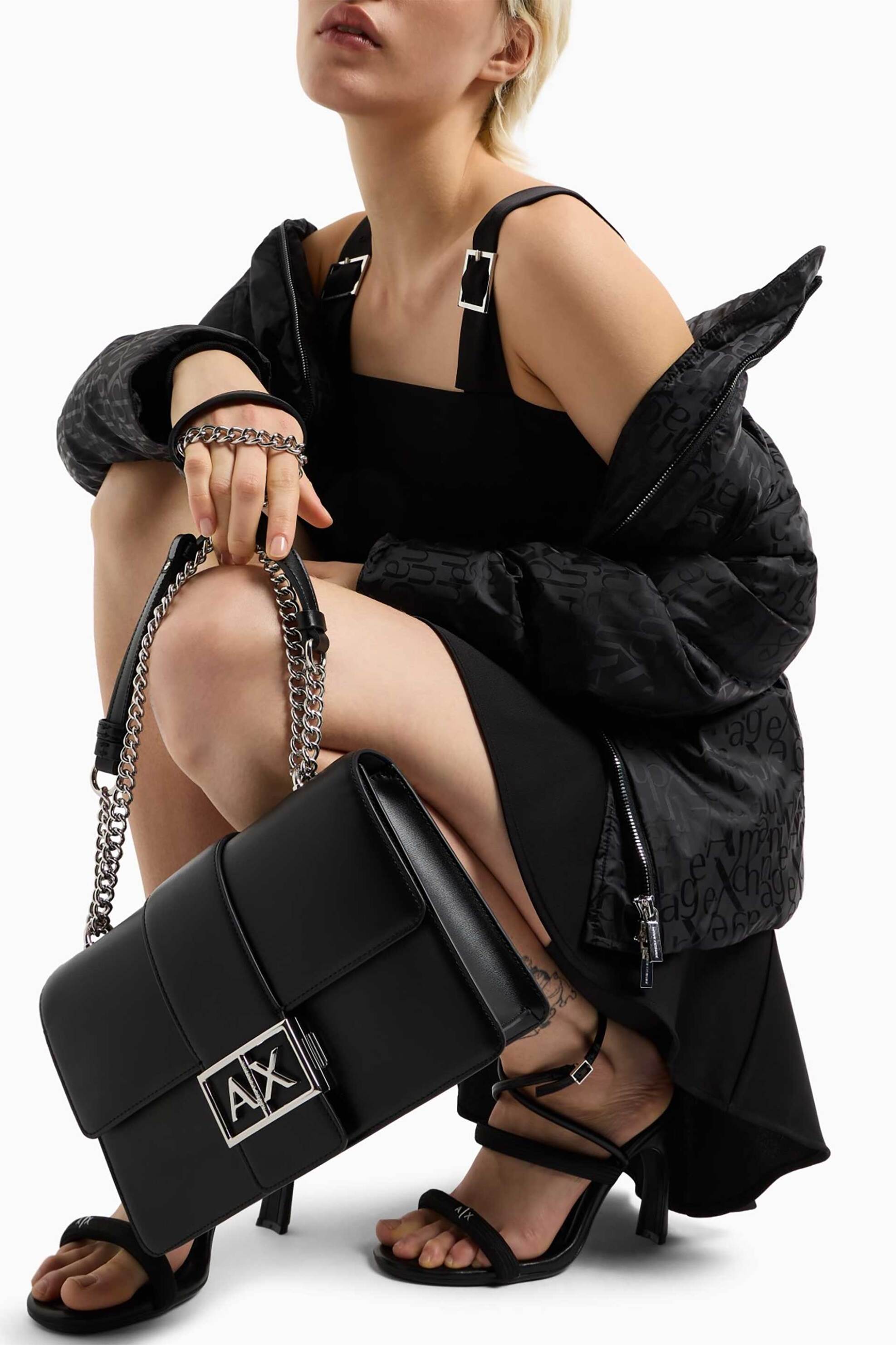 Armani Exchange Γυναικεία Τσάντα Ώμου με Αλυσίδα - Xw000070Af12039 Μαύρο