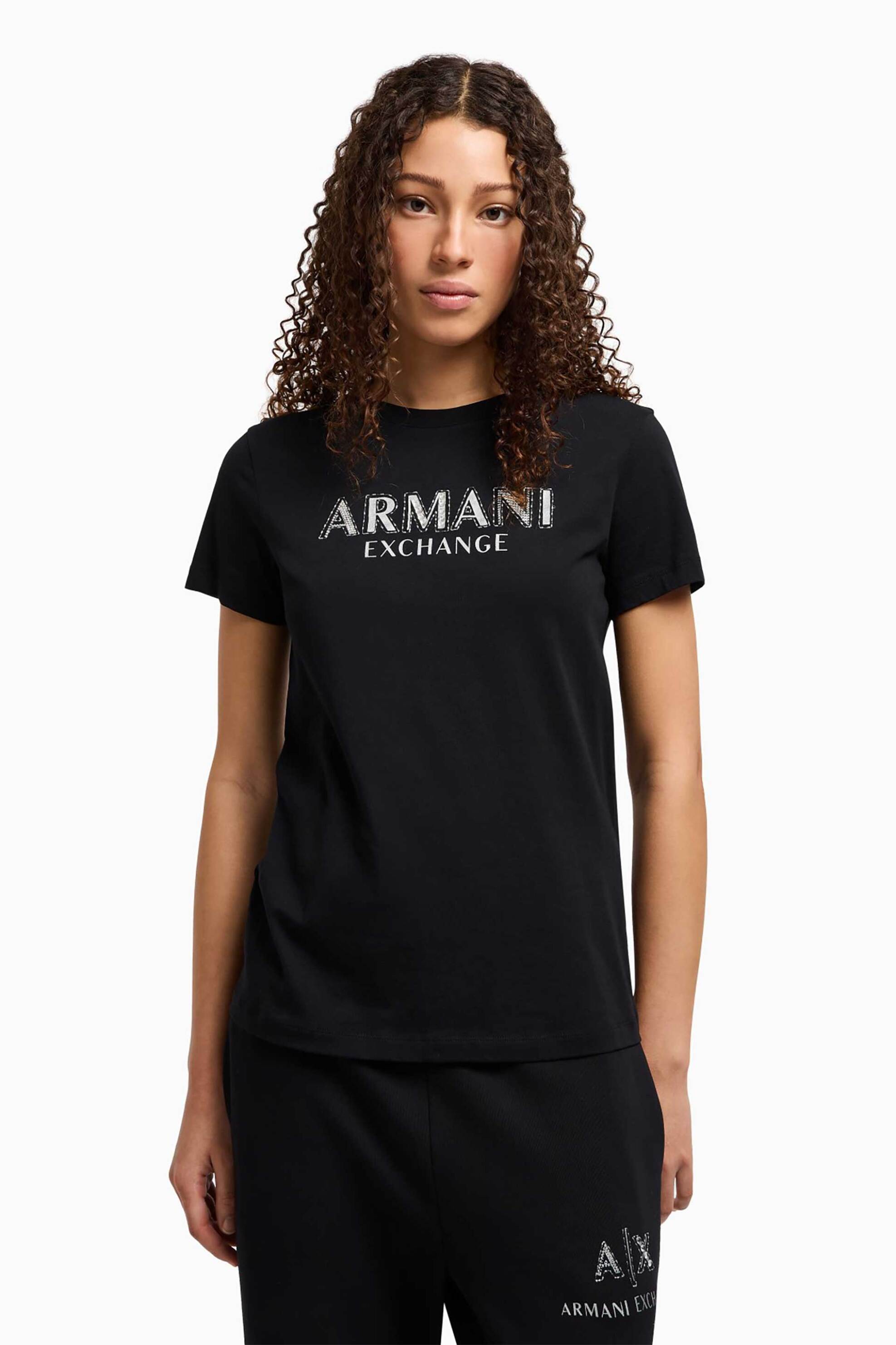  Armani Exchange γυναικείο T-shirt μονόχρωμο με logo patch Regular Fit - XW000387AF10354 Μαύρο 2025