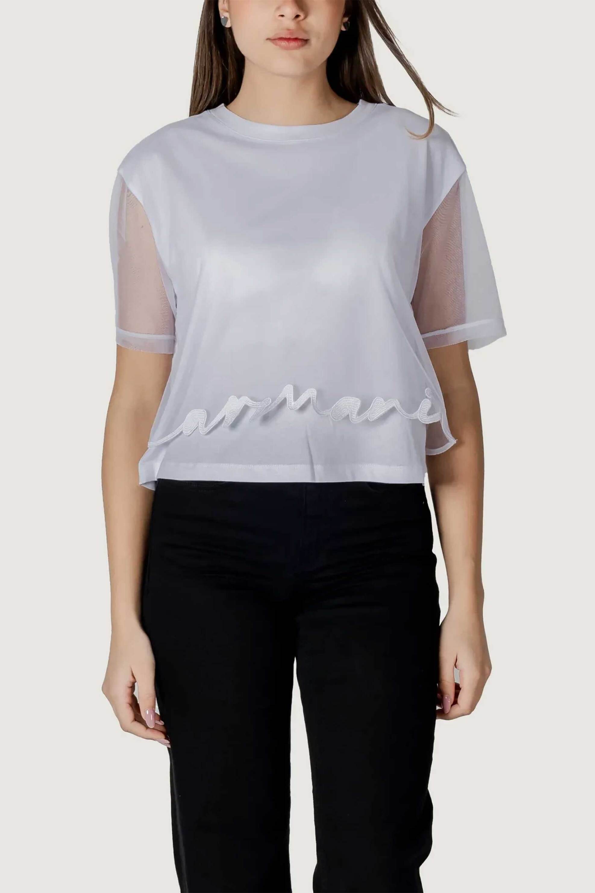  Armani Exchange γυναικείο T-shirt cropped με τούλι - XW000541AF10359 Λευκό 2025