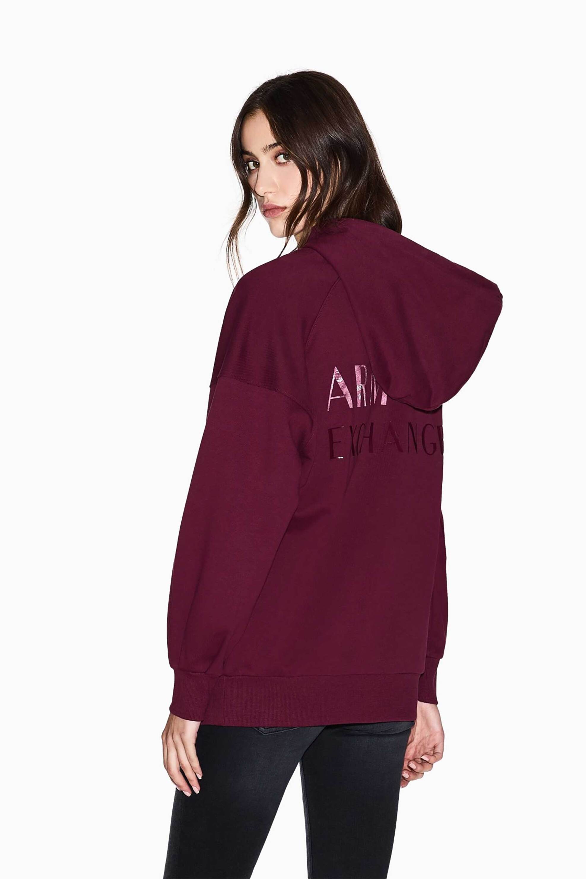 Armani Exchange γυναικεία μπλούζα φούτερ με logo patch και κουκούλα - XW000748AF16114 Μπορντό φωτογραφία