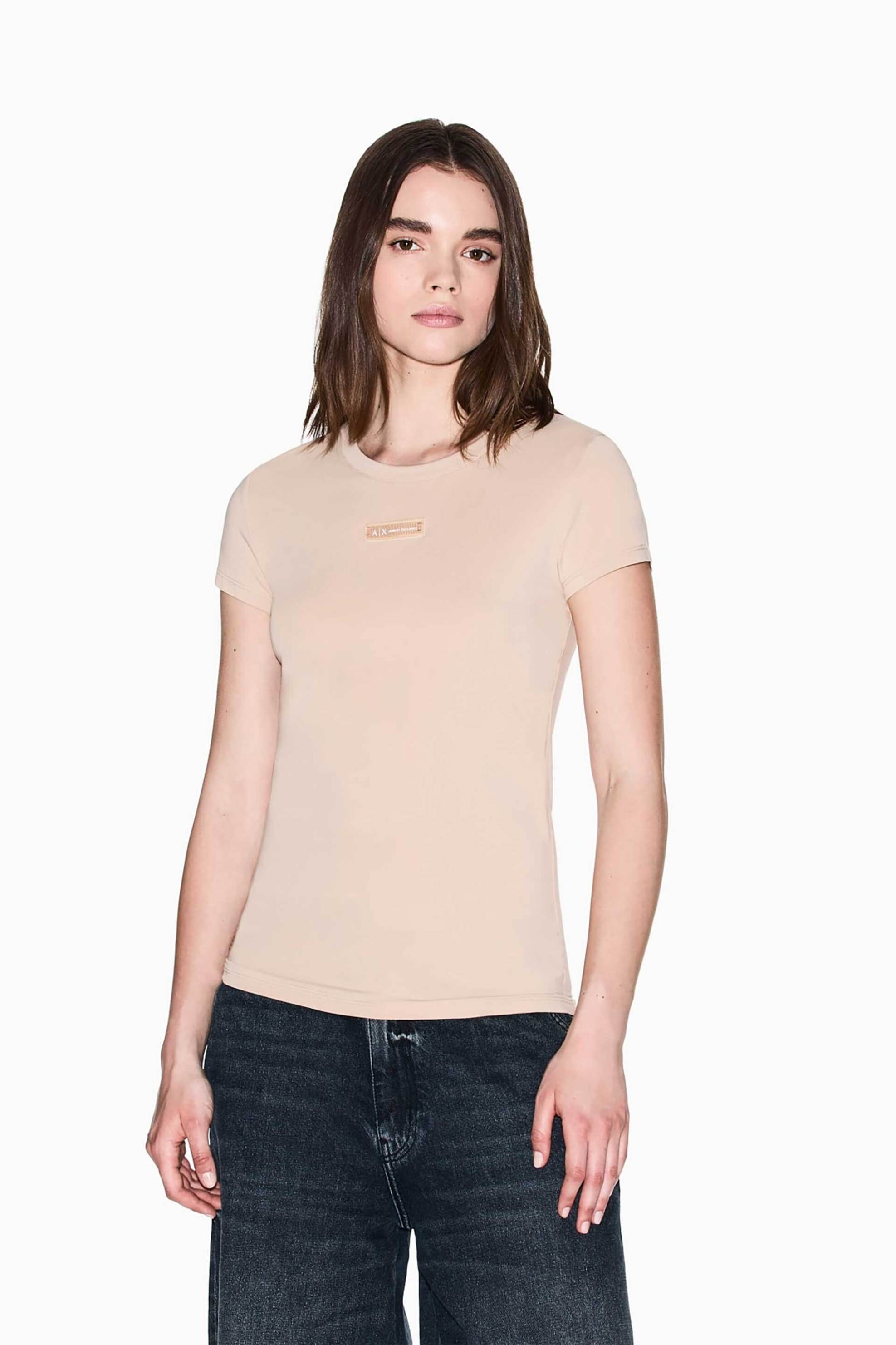 Armani Exchange γυναικείο T-shirt με logo patch Slim Fit - XW001362AF16294 Μπεζ
