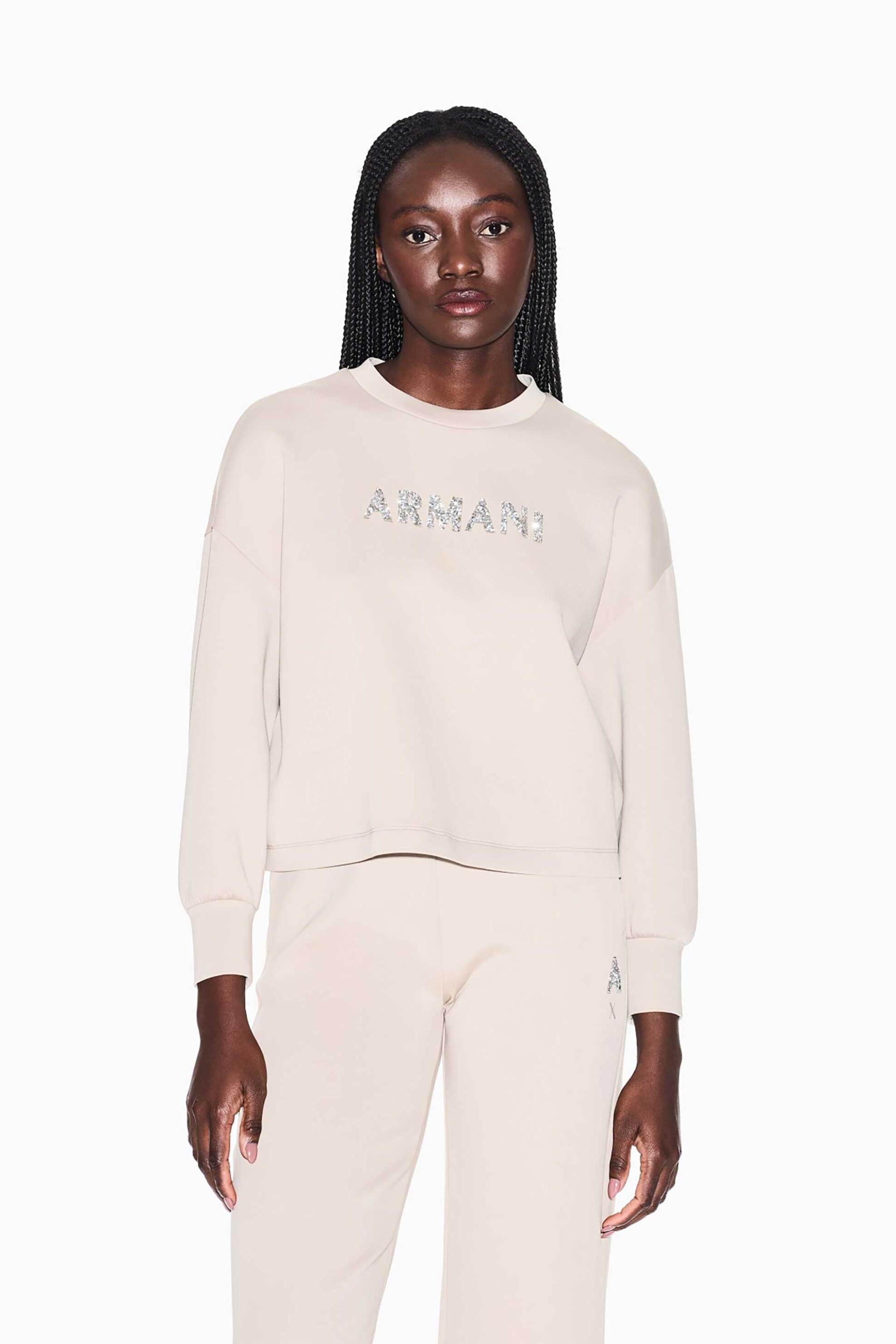 Armani Exchange γυναικεία μπλούζα φούτερ με λογότυπο από στρας - XW002049AF21298 Μπεζ