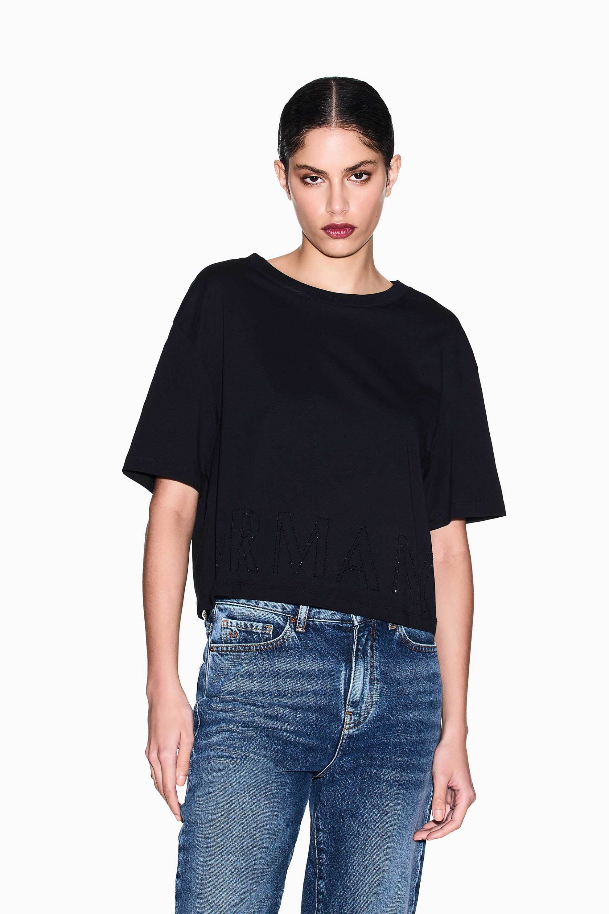 ARMANI EXCHANGE Armani Exchange γυναικείο cropped T-shirt με λογότυπο από στρας Regular Fit - XW001709AF17172 Μαύρο