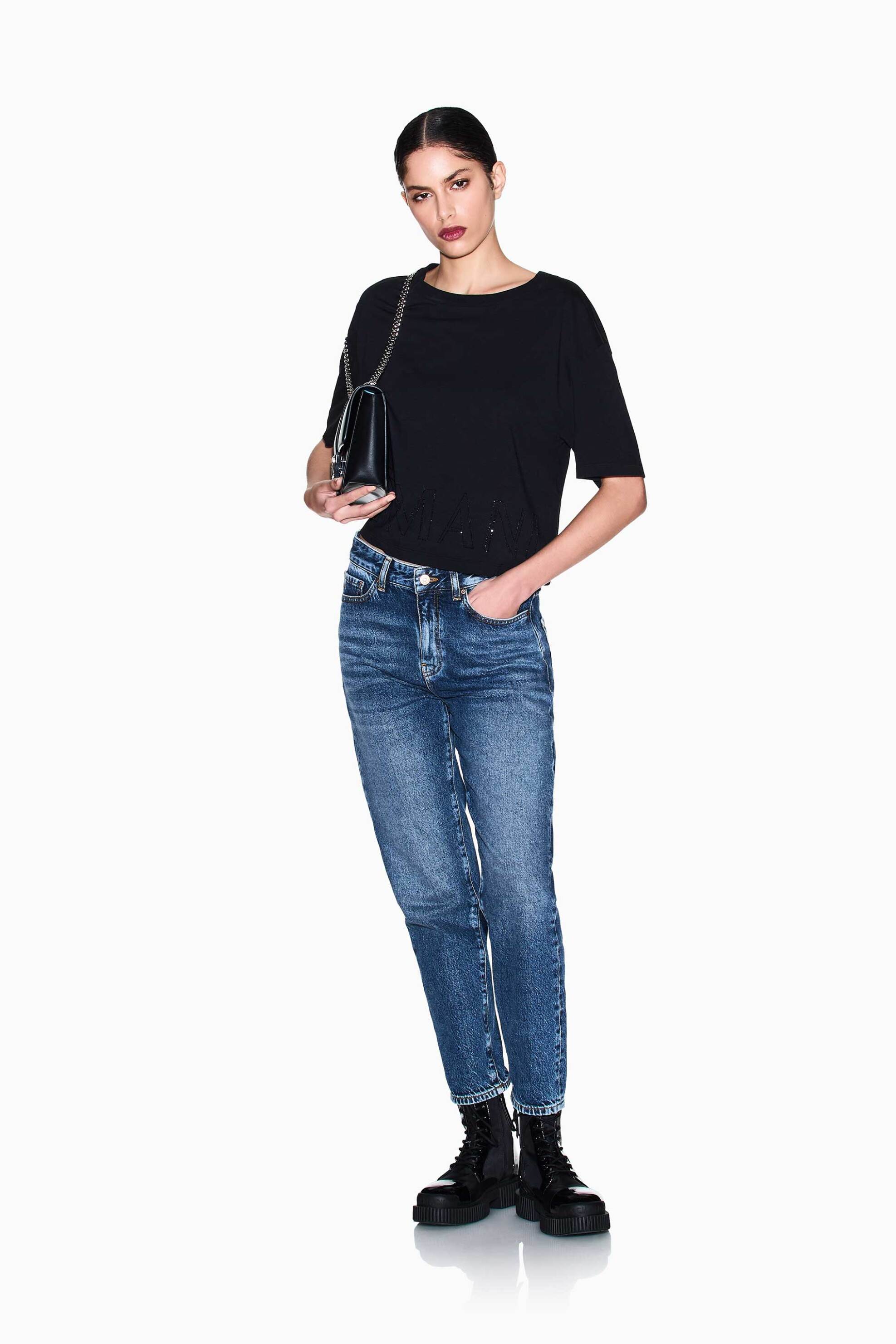 Armani Exchange γυναικείο cropped T-shirt με λογότυπο από στρας Regular Fit - XW001709AF17172 Μαύρο