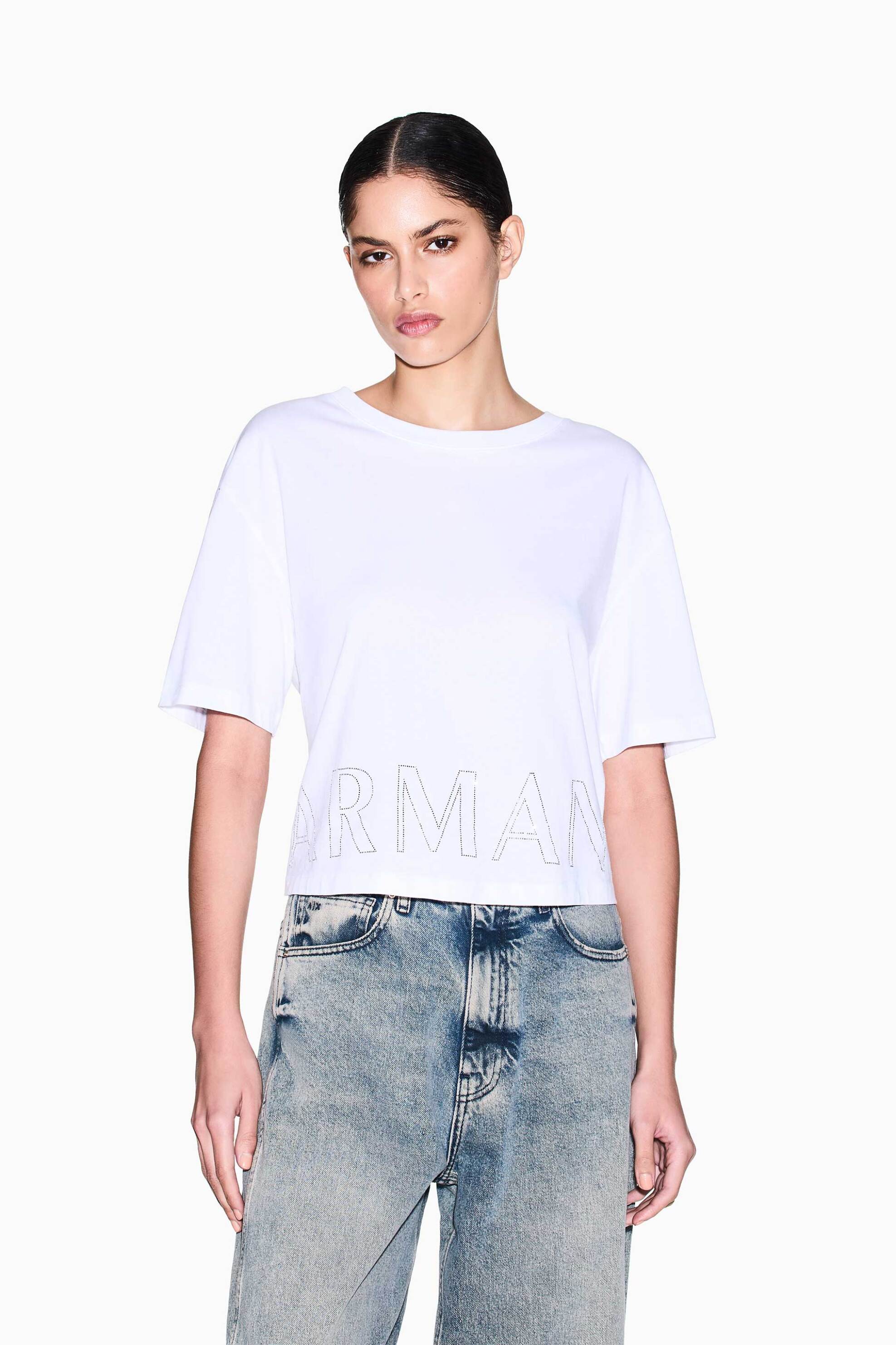 Armani Exchange γυναικείο cropped T-shirt με λογότυπο από στρας Regular Fit - XW001709AF17172 Λευκό