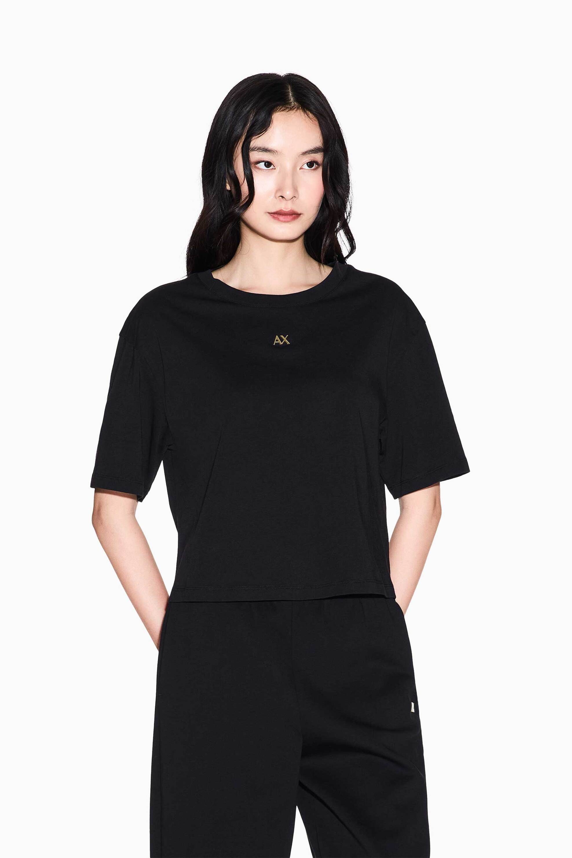 Armani Exchange γυναικείο cropped T-shirt με monogram Regular Fit - XW001836AF10356 Μαύρο