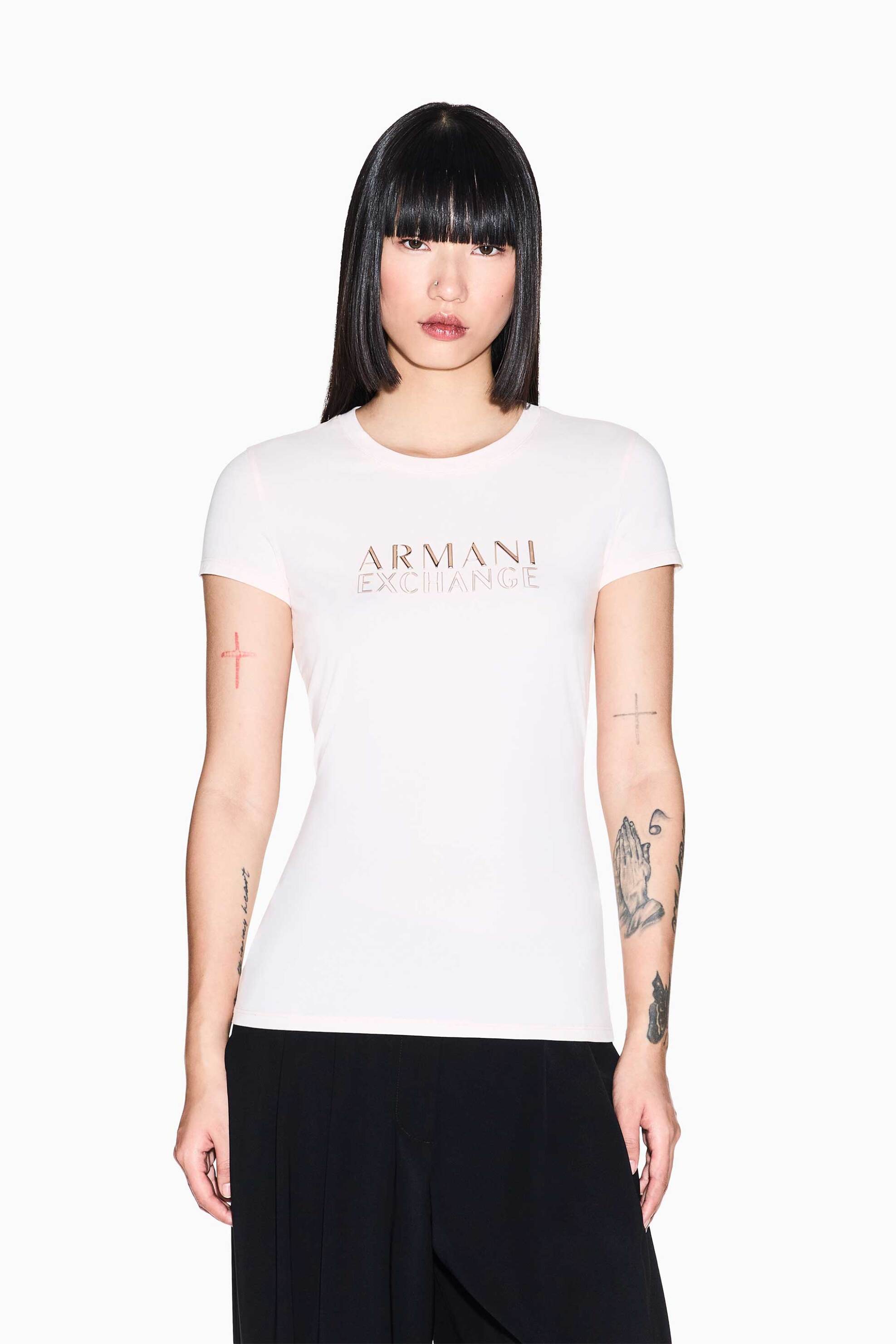 Armani Exchange γυναικείο T-shirt με μεταλλικό λογότυπο Slim Fit - XW001837AF16294 Λευκό