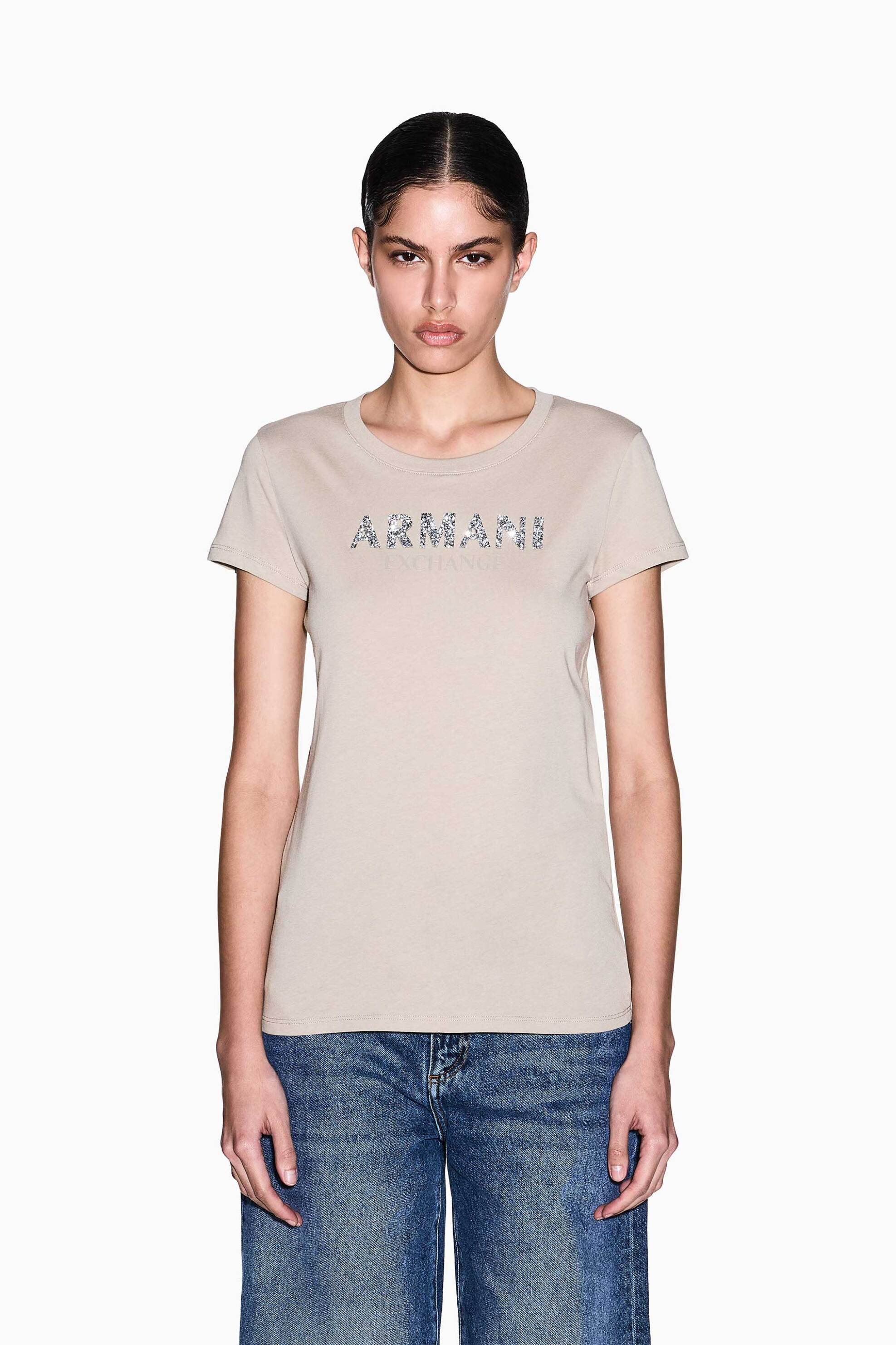 Armani Exchange γυναικείο T-shirt με λογότυπο από στρας Slim Fit - XW002106AF10356 Μπεζ
